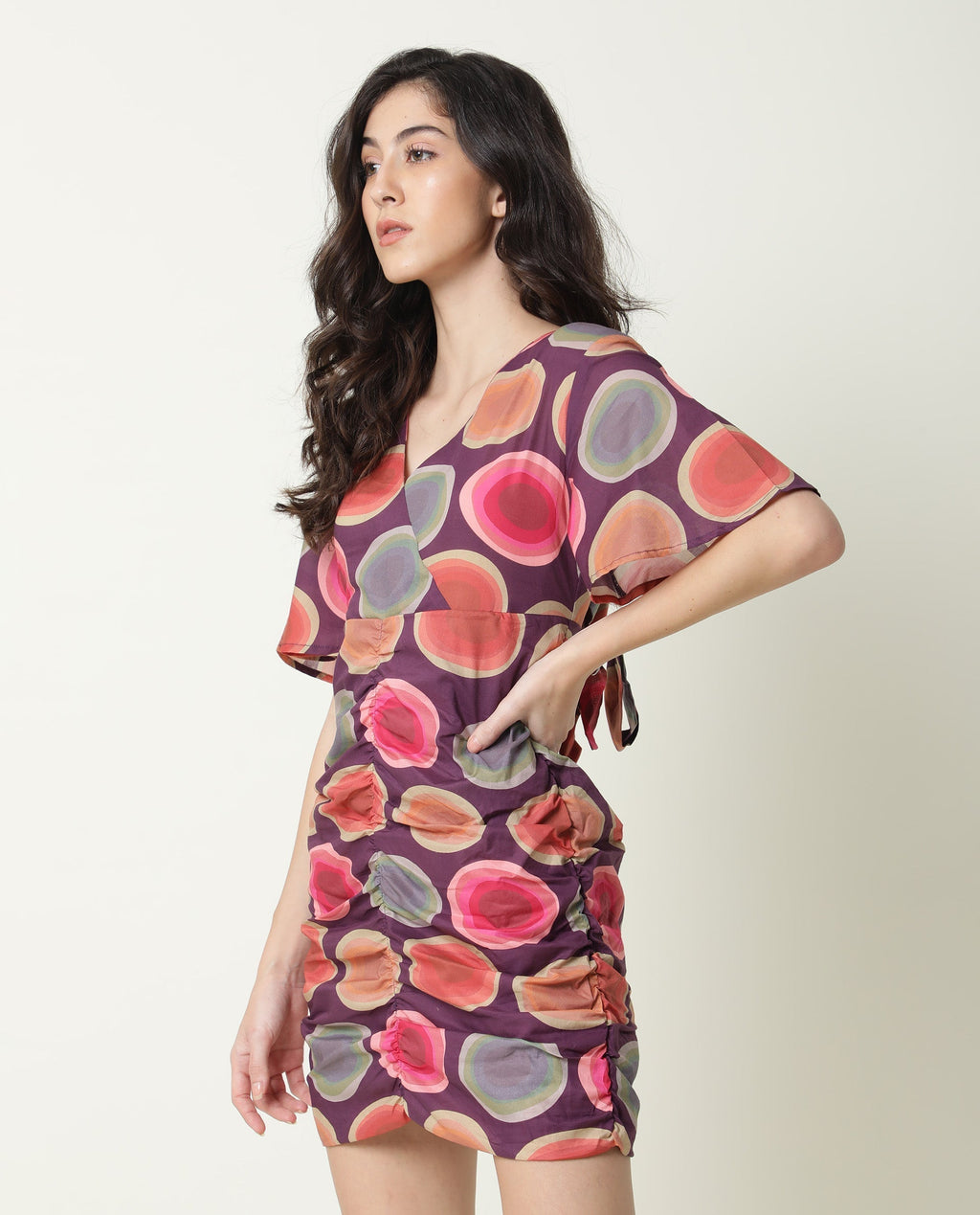 Rareism Women's Anjou Purple Cotton V-Neck Abstract Print Knee Length Regular Fit Dress