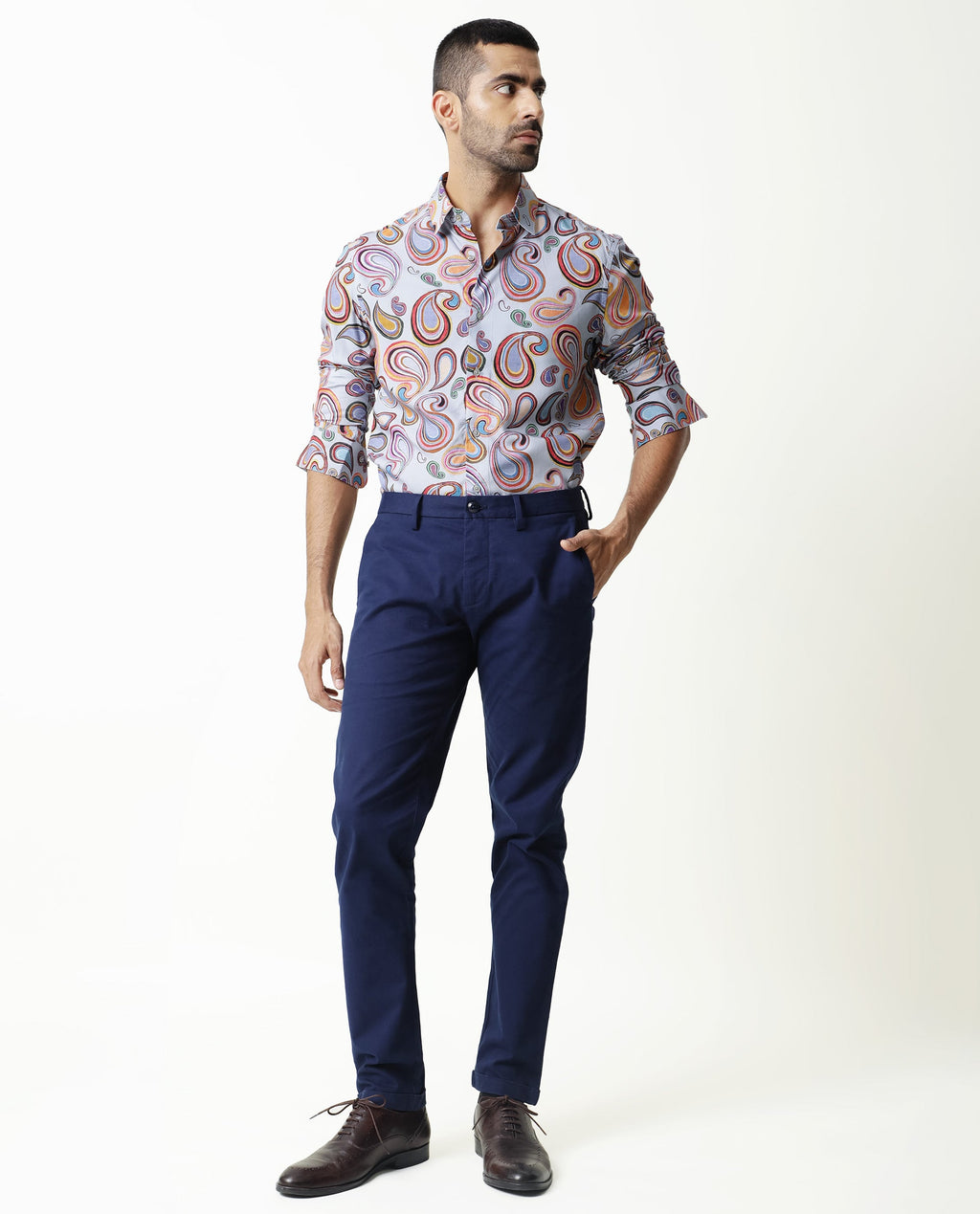 Rare Rabbit Men's Marsh Ls Blue Viscose Paisley Print Regular Fit Full Sleeve Collared Shirt
