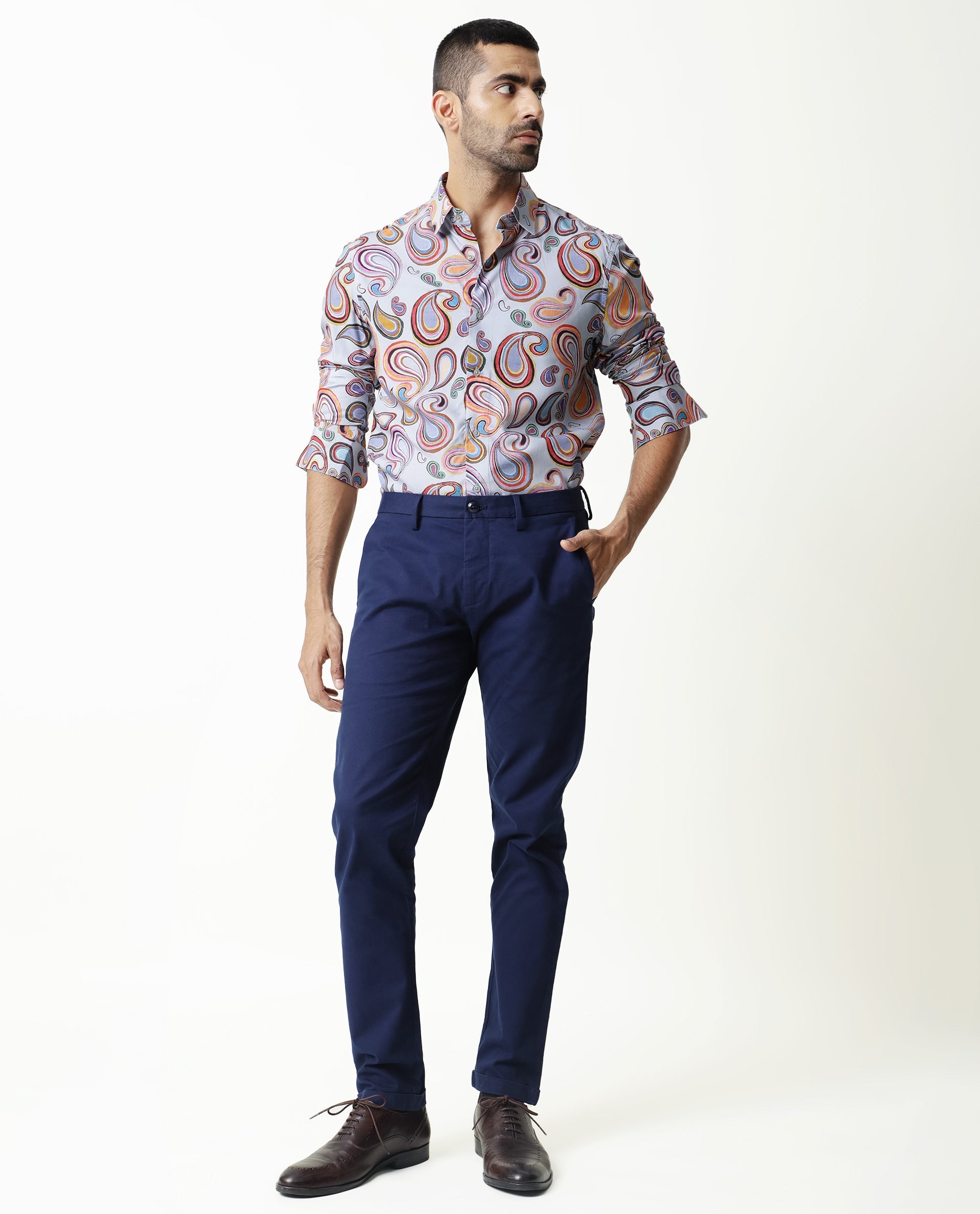 Rare Rabbit Men's Marsh Ls Blue Viscose Paisley Print Regular Fit Full Sleeve Collared Shirt