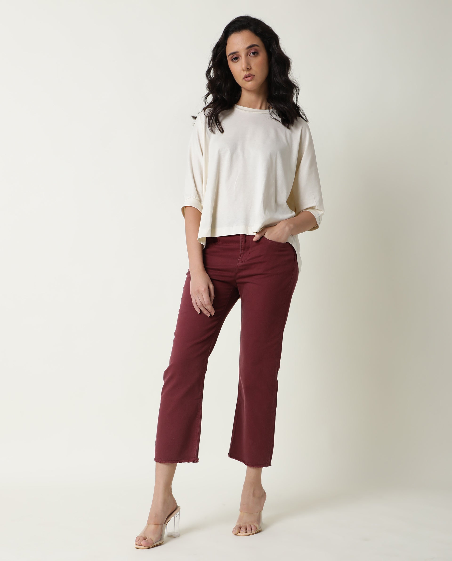 Rareism Women's Osmo Offwhite Cotton Crew Neck Plain Relaxed Fit Top