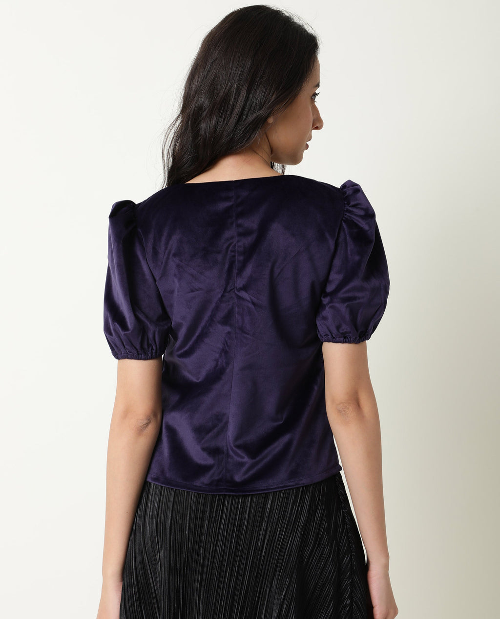 Rareism Women's Mun Navy V-Neck Plain Puff Sleeves Knee Length Regular Fit Top