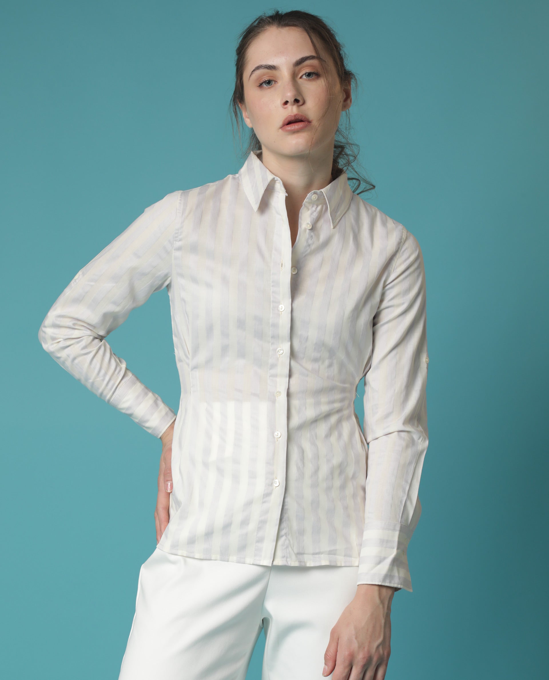 Rareism Women's Pickle Yellow Cotton Spread Collar Striped Regular Fit Top