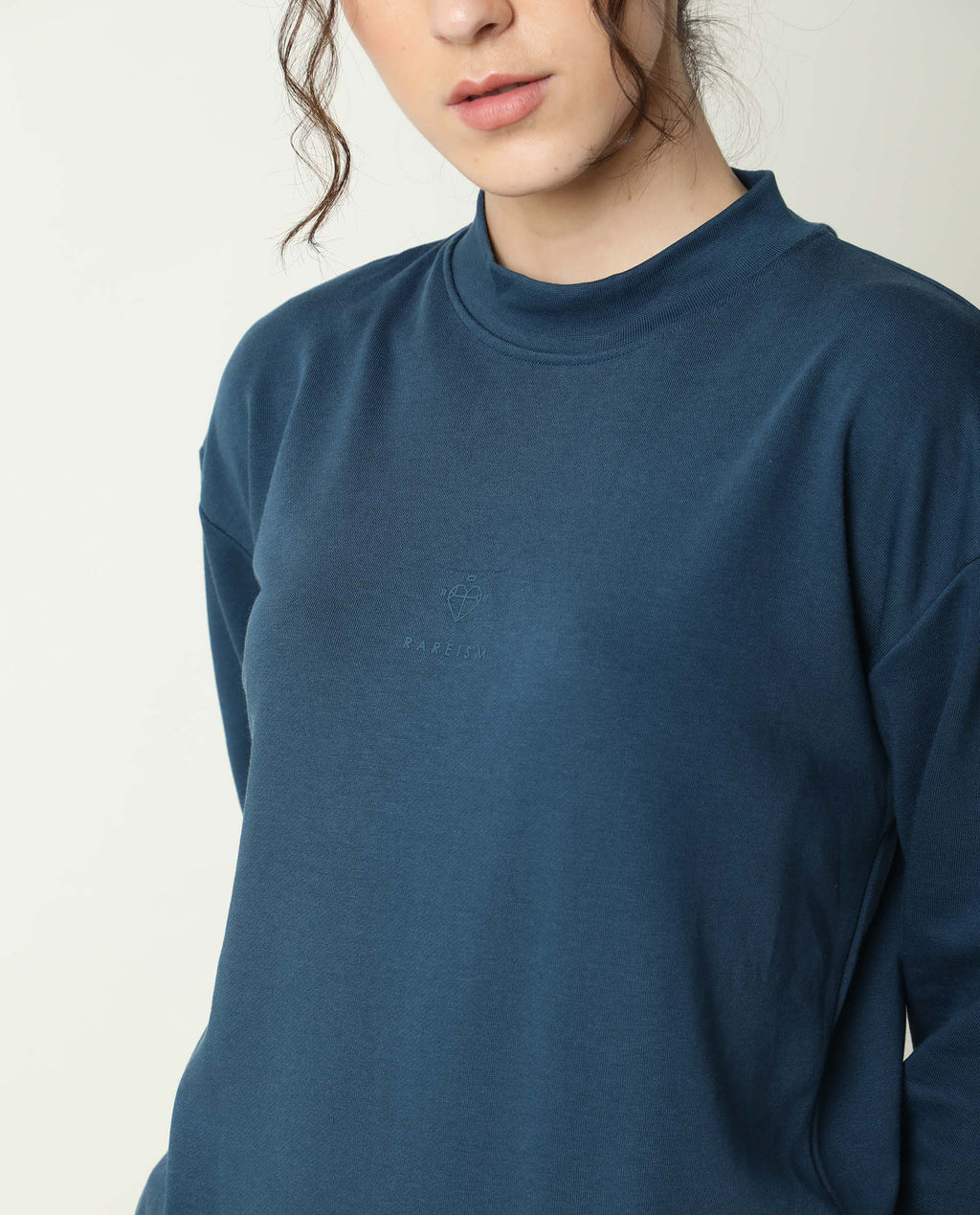 Rareism Women's Necker Petrol High Neck Plain Relaxed Fit Sweatshirt