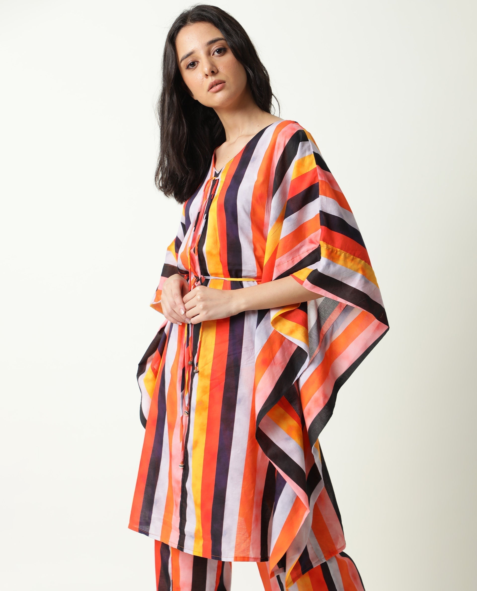 Rareism Women's Fact Multi V-Neck Striped Flared Sleeve Knee Length Relaxed Fit Dress