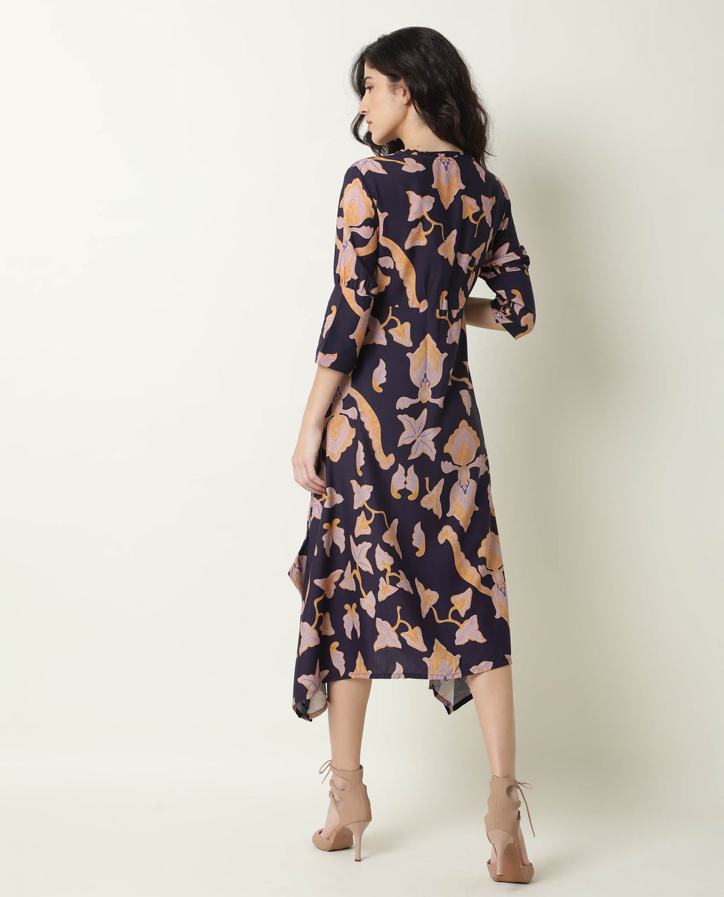 Rareism Women's Kenna Navy V-Neck Abstract Print Knee Length Regular Fit Dress