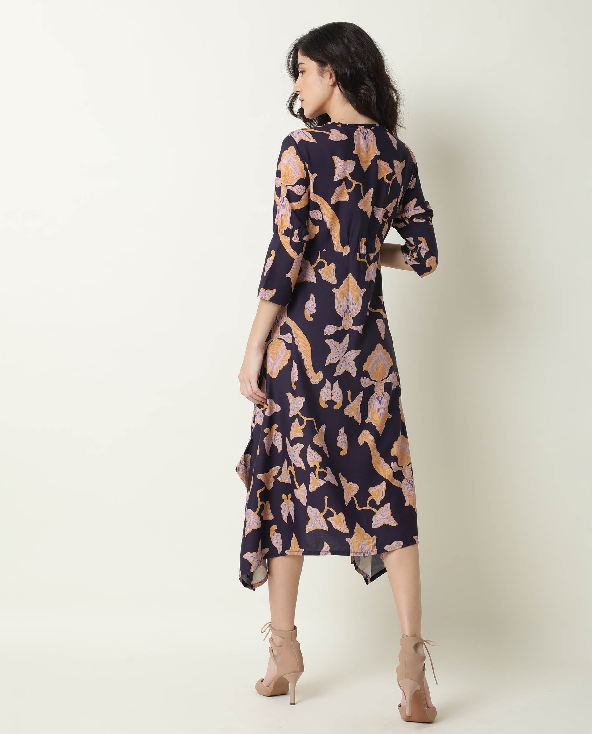 Rareism Women's Kenna Navy V-Neck Abstract Print Knee Length Regular Fit Dress