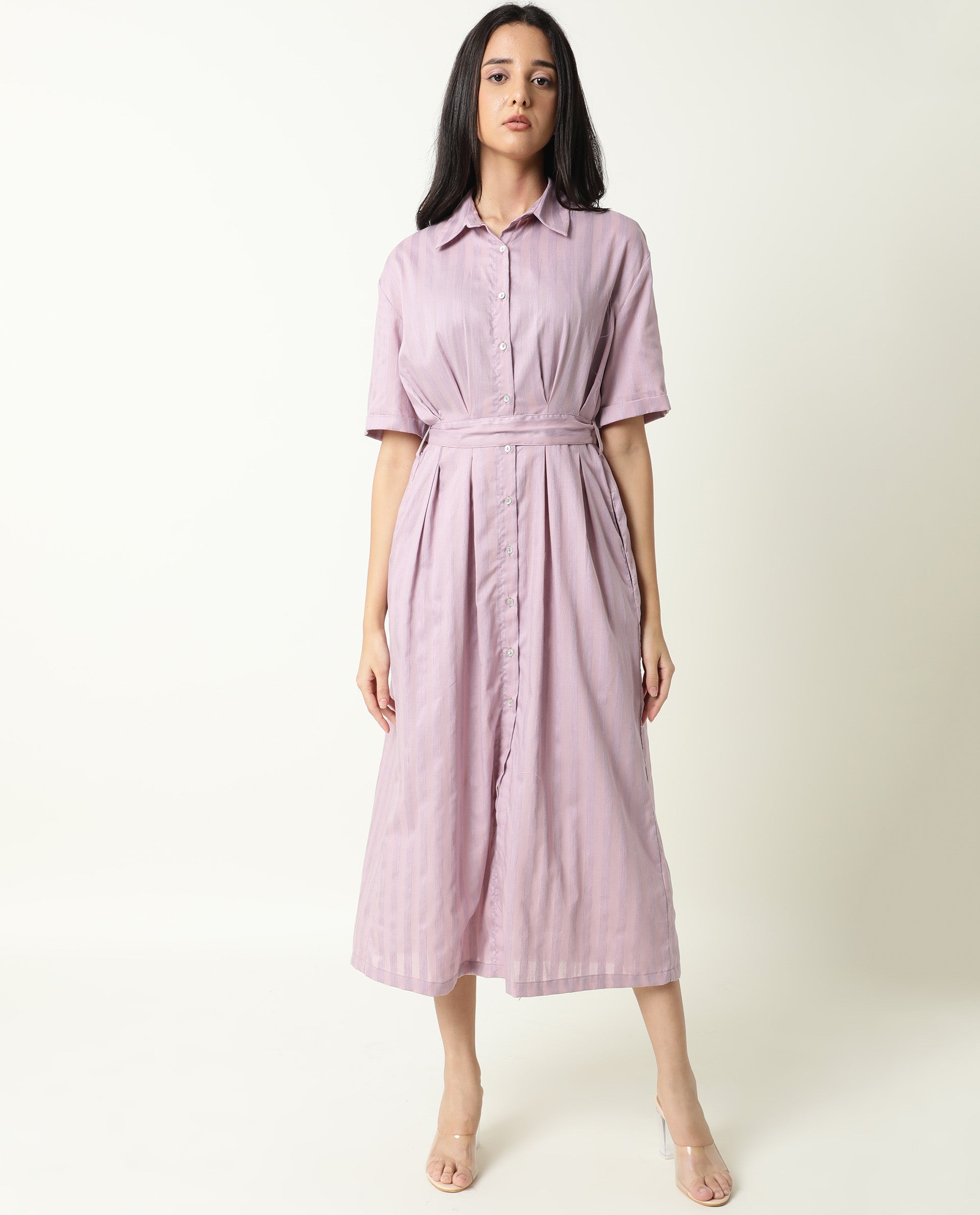 Rareism Women's Paris Pink Spread Collar Striped Knee Length Regular Fit Dress