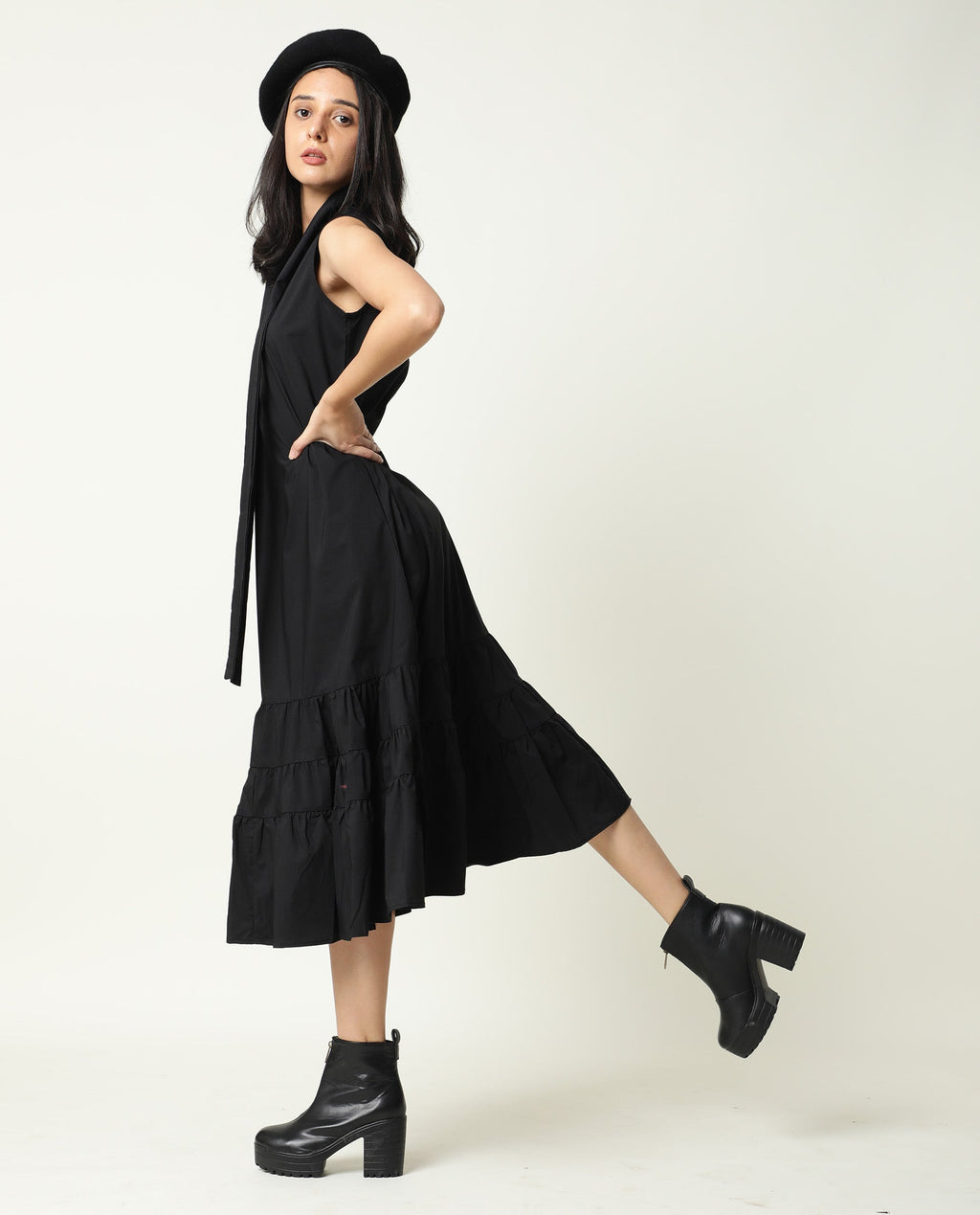 Rareism Women's Gino Black Polyester Blend Tie-Up Neck Plain Sleeveless Knee Length Regular Fit Dress