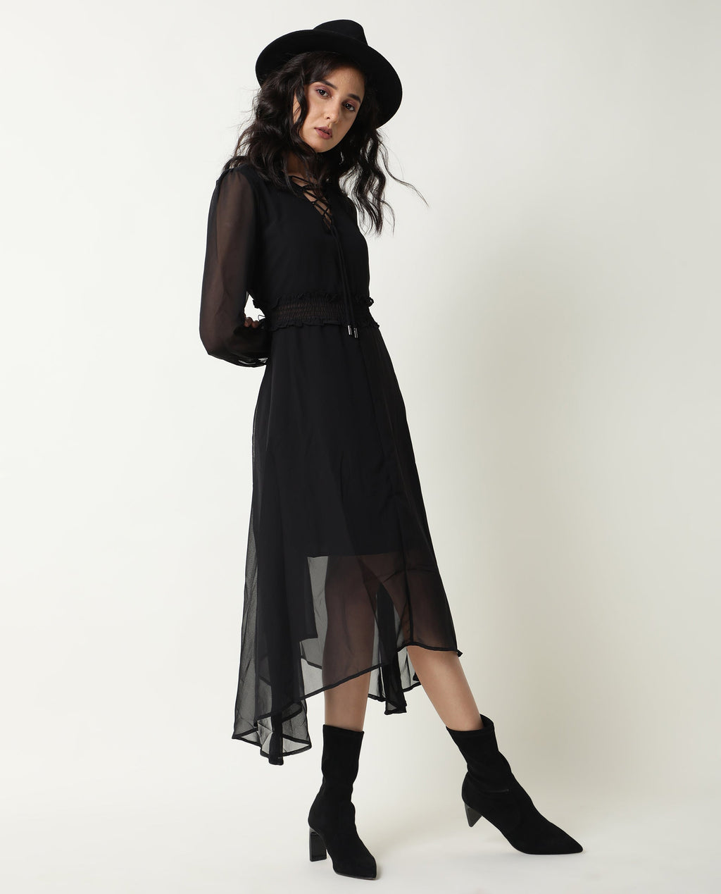 Rareism Women's Ommet Black V-Neck Plain Knee Length Regular Fit Dress