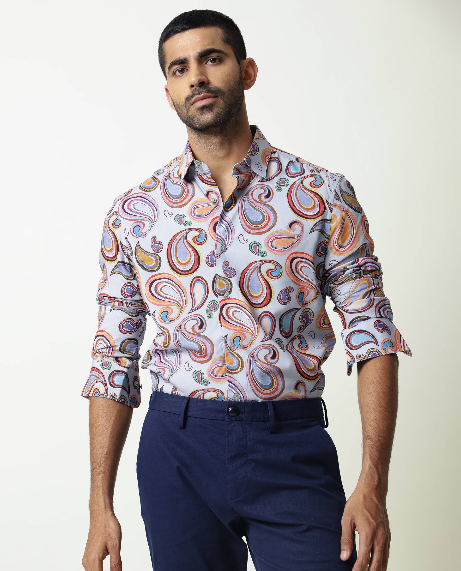 Rare Rabbit Men's Marsh Ls Blue Viscose Paisley Print Regular Fit Full Sleeve Collared Shirt