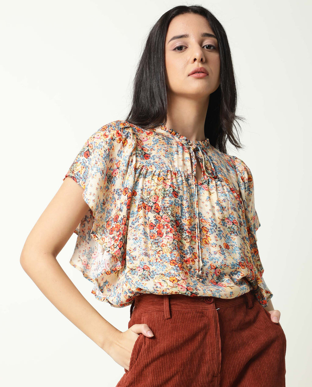 Rareism Women's Nigel Offwhite Cotton Blend Tie-Up Neck Floral Print Ruffled Sleeve Relaxed Fit Top