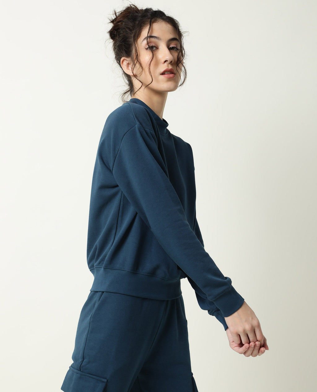 Rareism Women's Necker Petrol High Neck Plain Relaxed Fit Sweatshirt