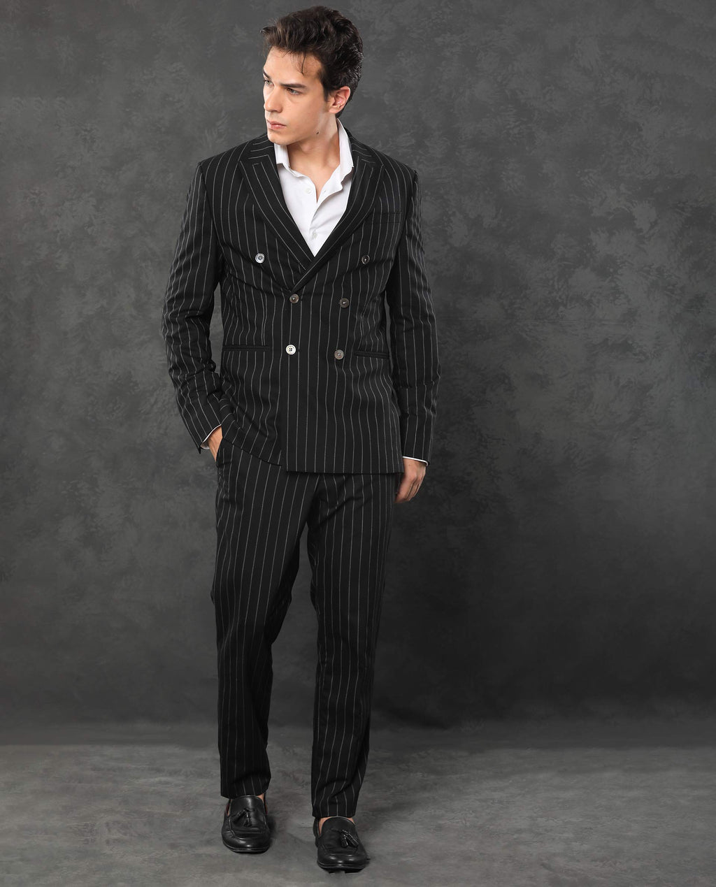 Rare Rabbit Men's Tazy Black Polyester Striped Print Tailored Fit Full Sleeve Lapel Neck Suits