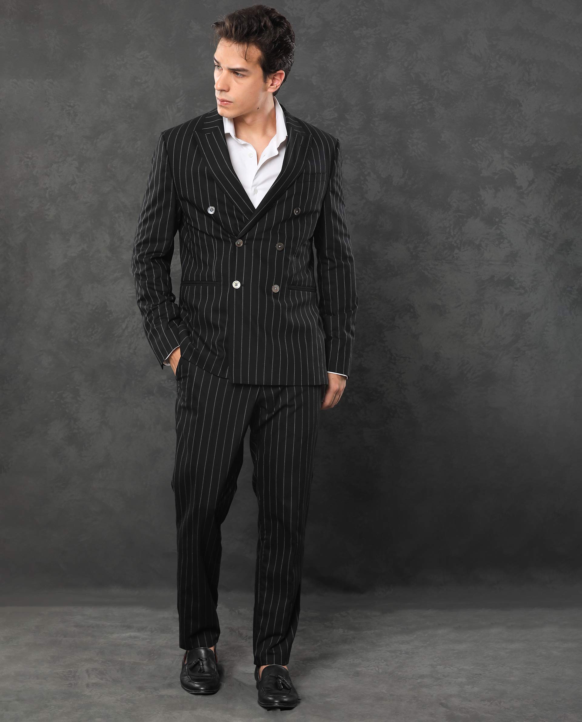 Rare Rabbit Men's Tazy Black Polyester Striped Print Tailored Fit Full Sleeve Lapel Neck Suits