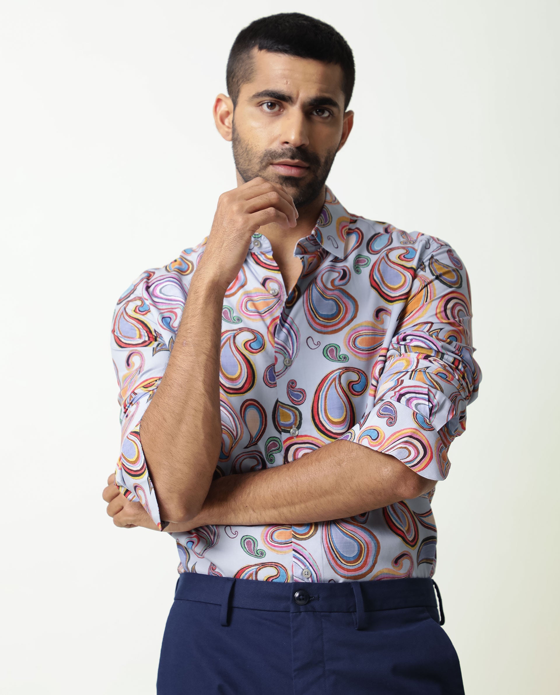 Rare Rabbit Men's Marsh Ls Blue Viscose Paisley Print Regular Fit Full Sleeve Collared Shirt