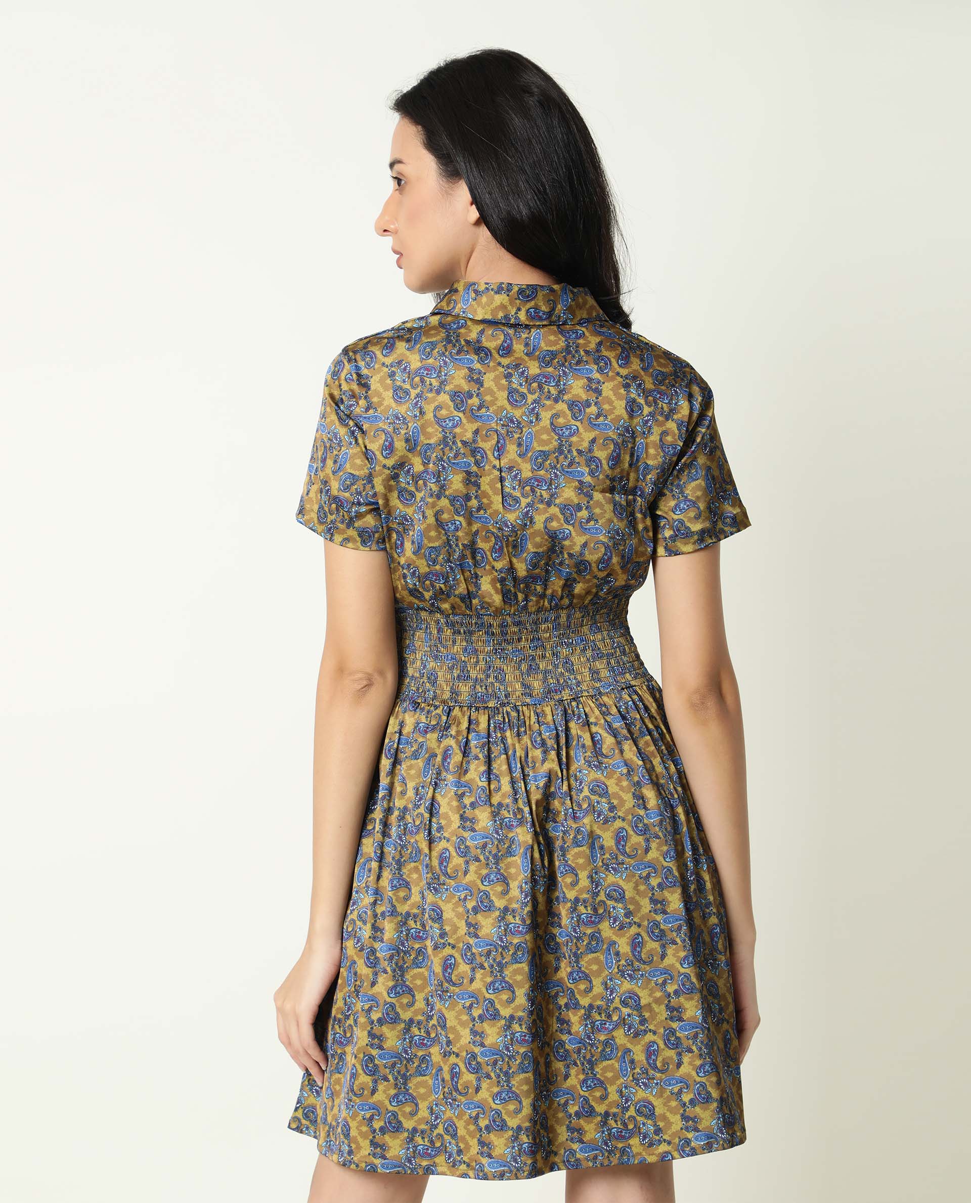 Rareism Women's Joss-Olive Modal V-Neck Abstract Print Mini Regular Fit Dress
