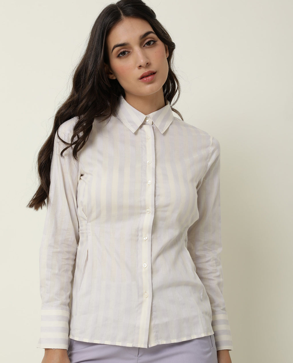 Rareism Women's Pickle Yellow Cotton Spread Collar Striped Regular Fit Top
