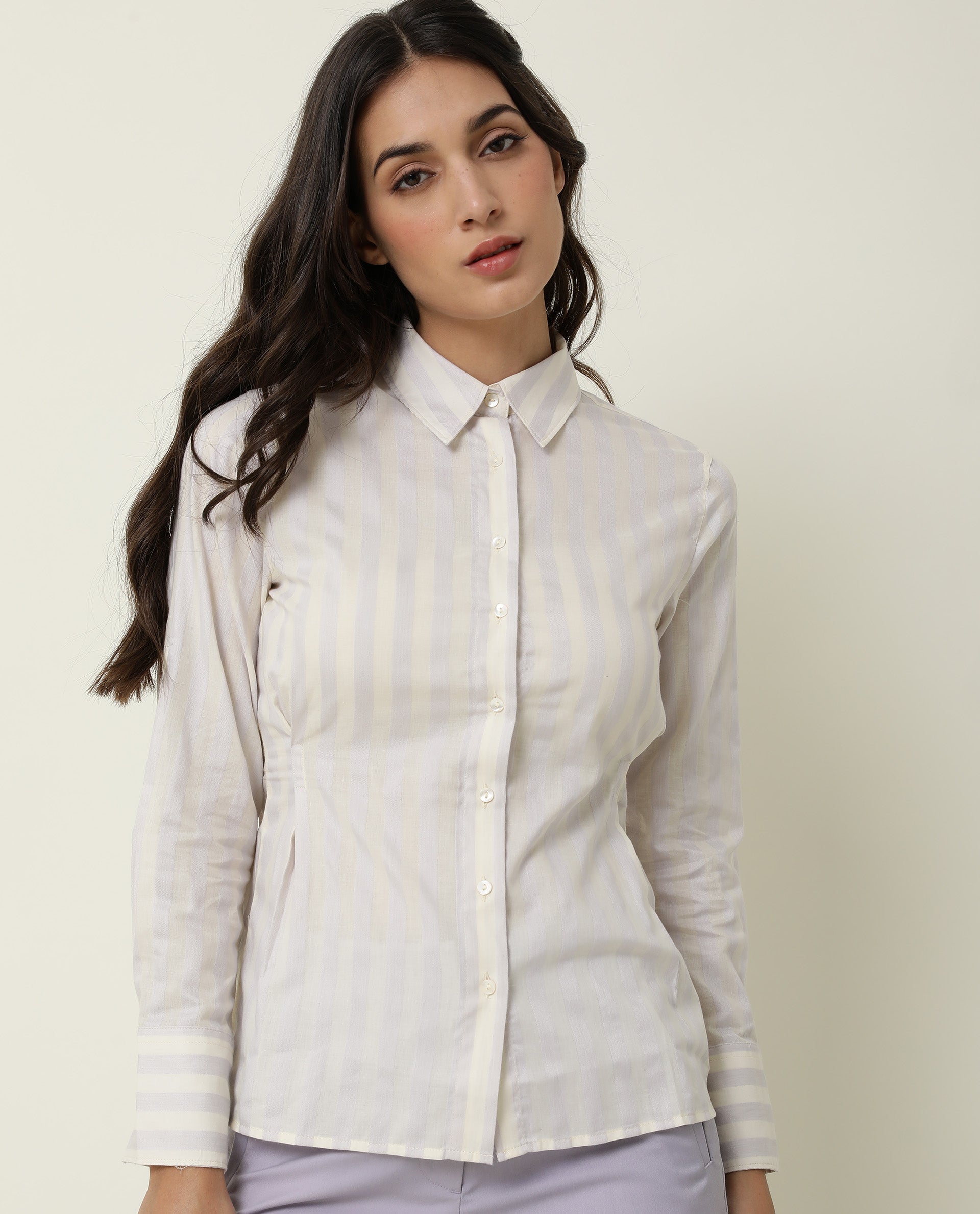 Rareism Women's Pickle Yellow Cotton Spread Collar Striped Regular Fit Top