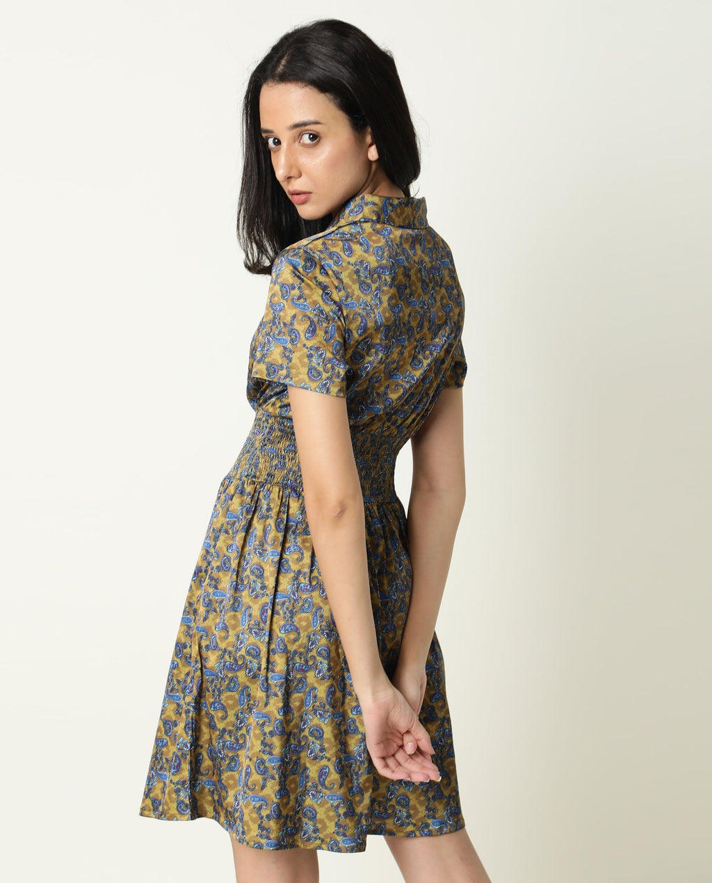 Rareism Women's Joss-Olive Modal V-Neck Abstract Print Mini Regular Fit Dress