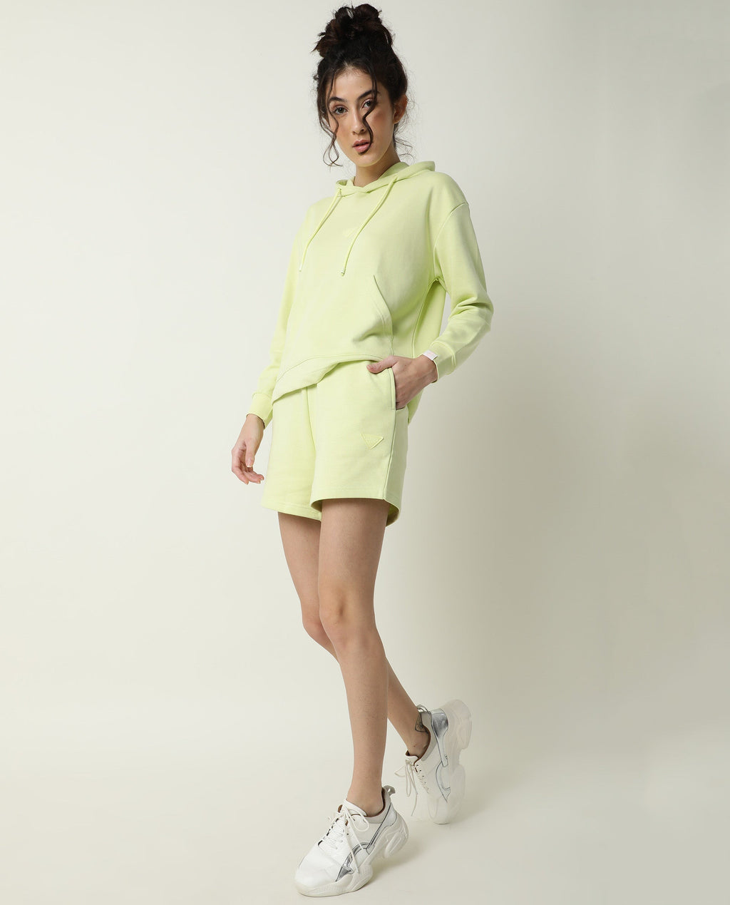 Rareism Women's Spence-1 Lime Green Polyester Blend Plain Mini Regular Fit Shorts