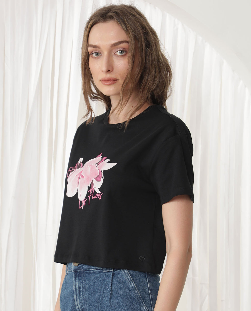Rareism Women's Ictor Black Cotton Crew Neck Graphic Print Regular Fit T-Shirt