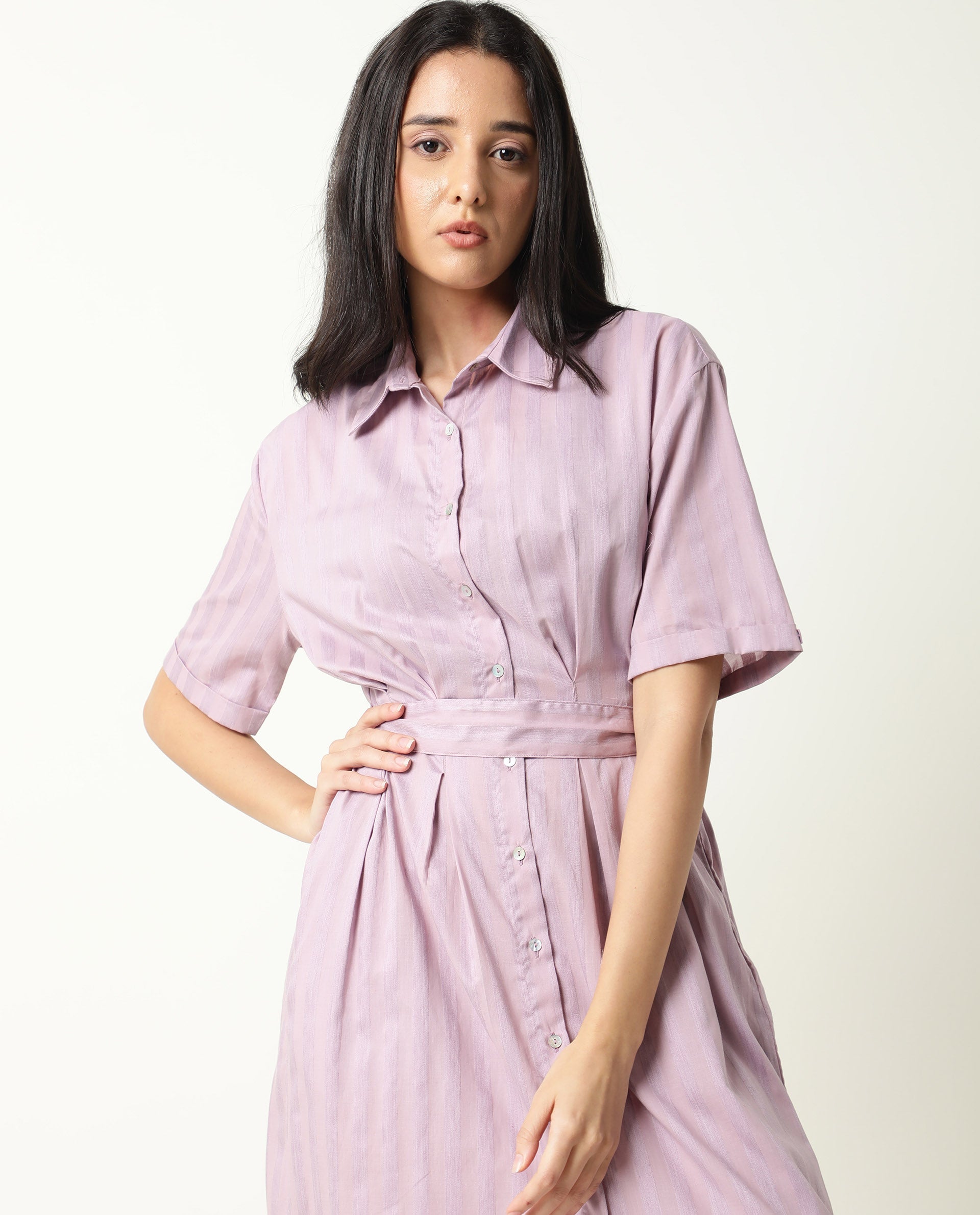 Rareism Women's Paris Pink Spread Collar Striped Knee Length Regular Fit Dress