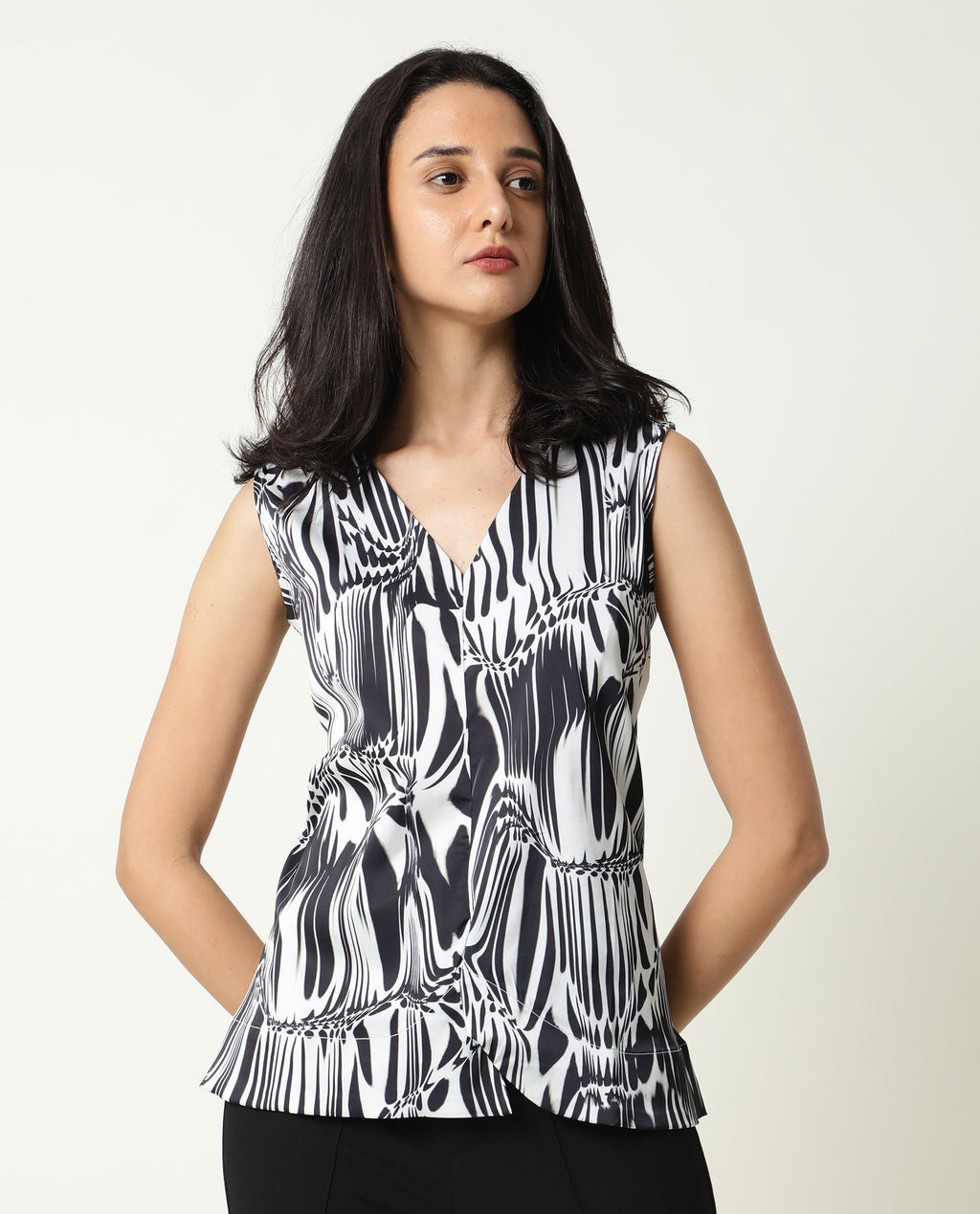 Rareism Women's Portal Black Modal Blend V-Neck Abstract Print Sleeveless Regular Fit Top