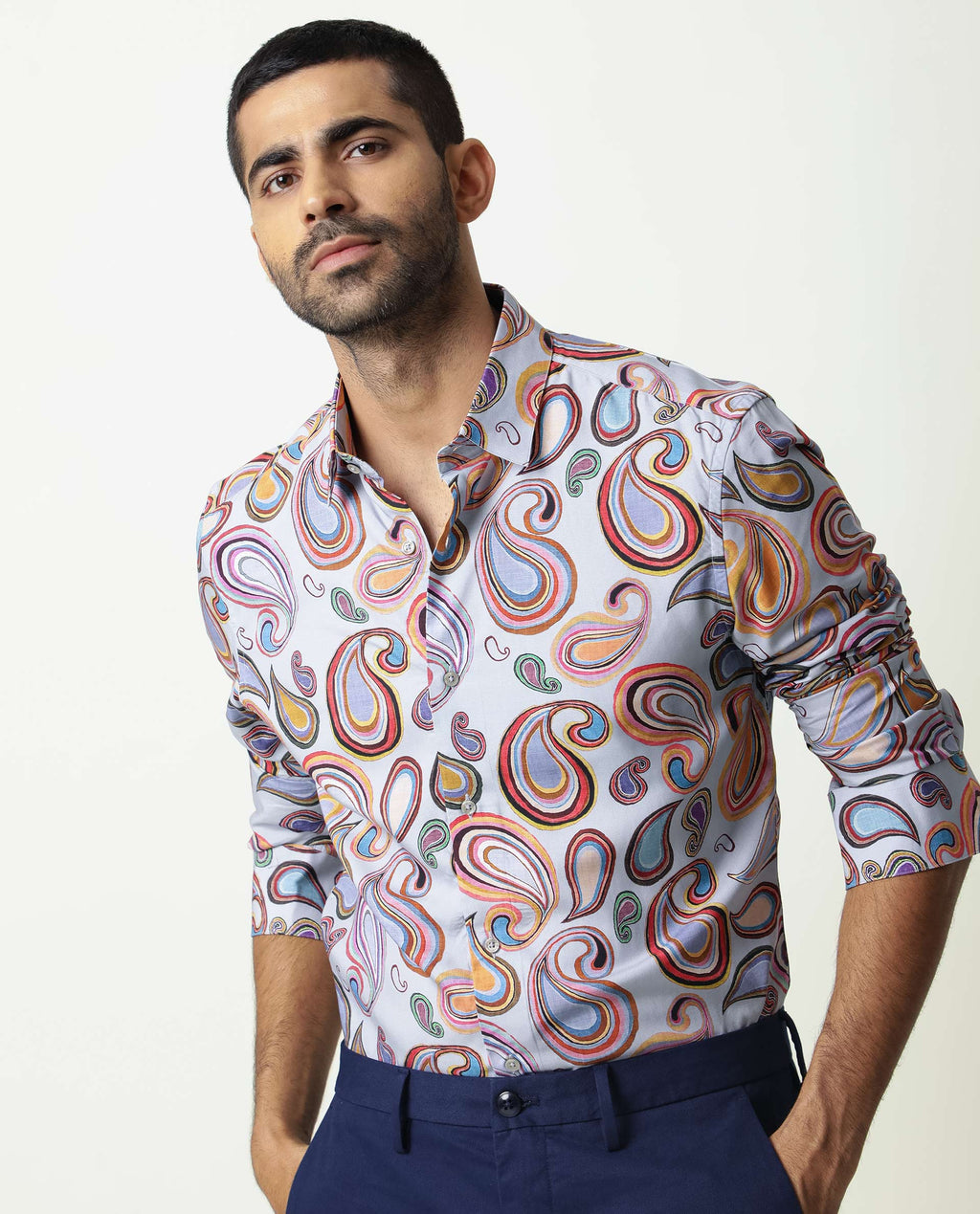 Rare Rabbit Men's Marsh Ls Blue Viscose Paisley Print Regular Fit Full Sleeve Collared Shirt