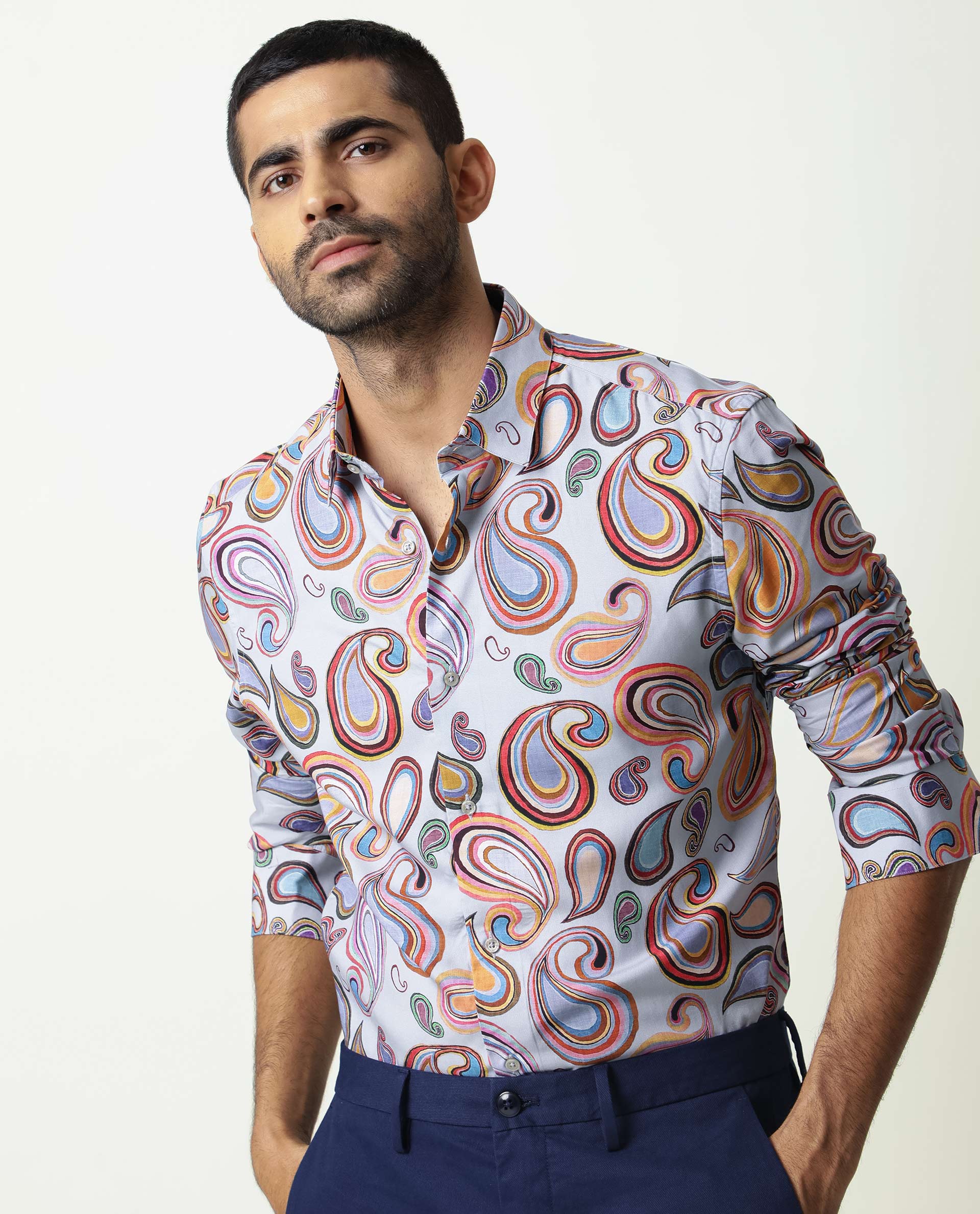 Rare Rabbit Men's Marsh Ls Blue Viscose Paisley Print Regular Fit Full Sleeve Collared Shirt