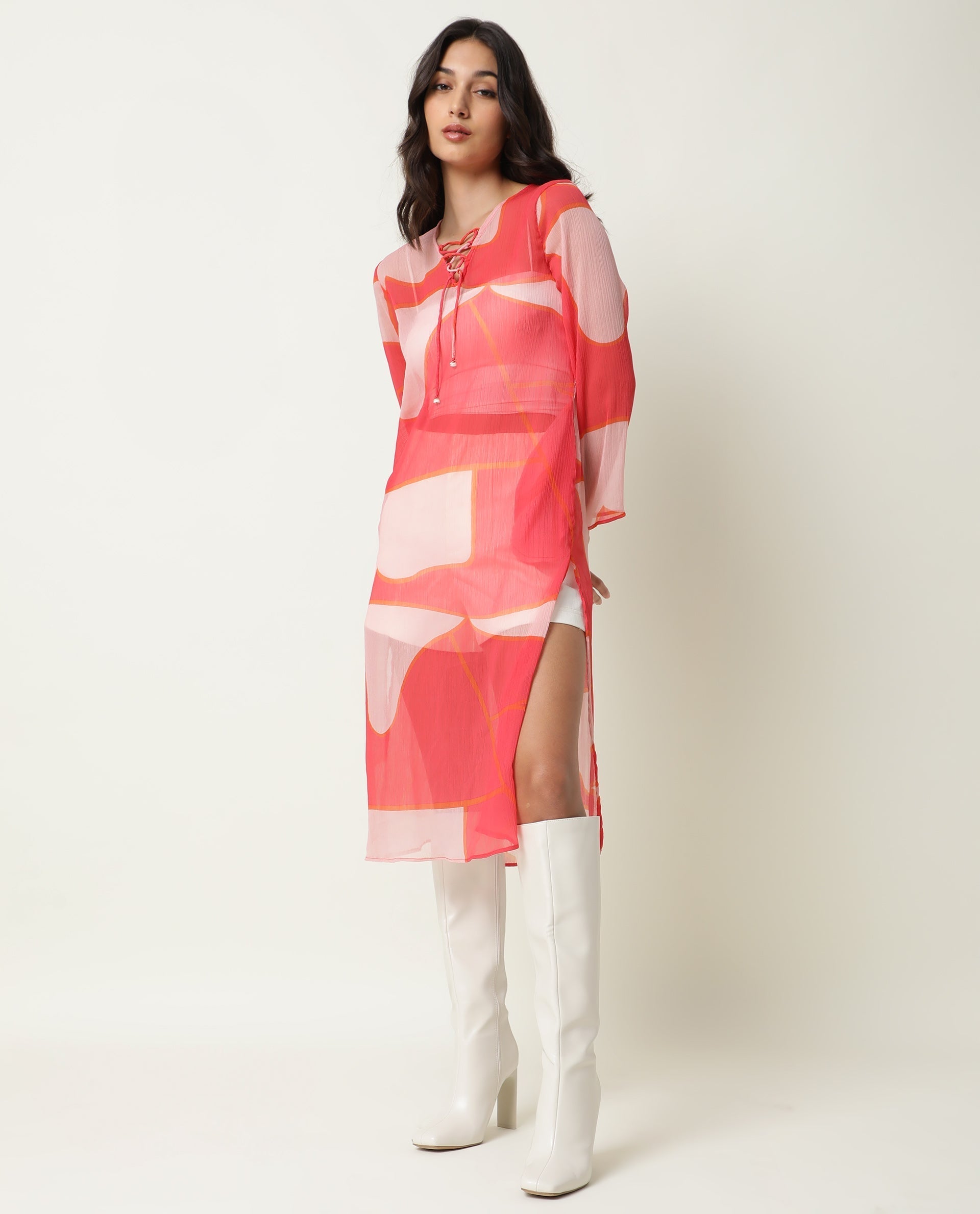 Rareism Women's Benett Pink V-Neck Abstract Print Knee Length Regular Fit Dress