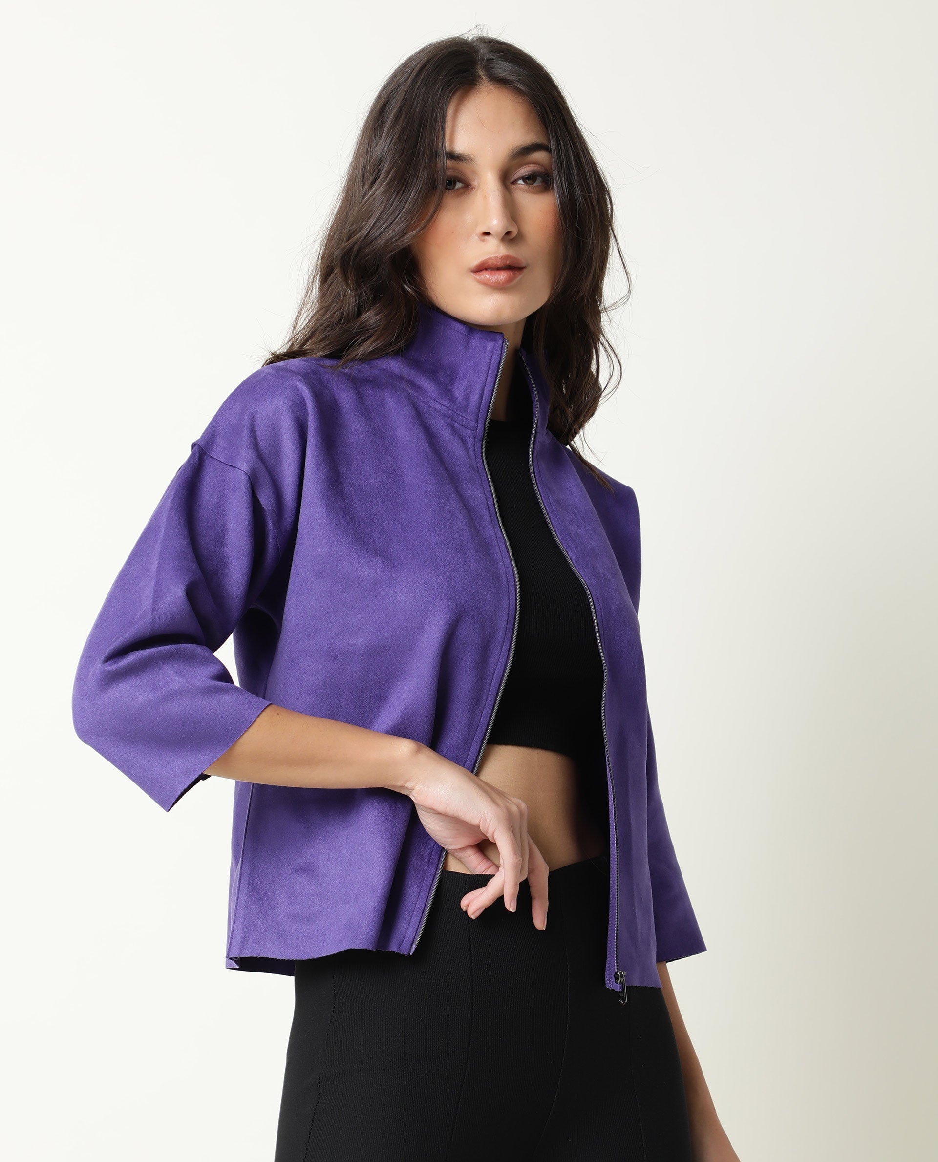 Rareism Women's Vasu Purple Polyester High Neck Plain Regular Fit Jacket