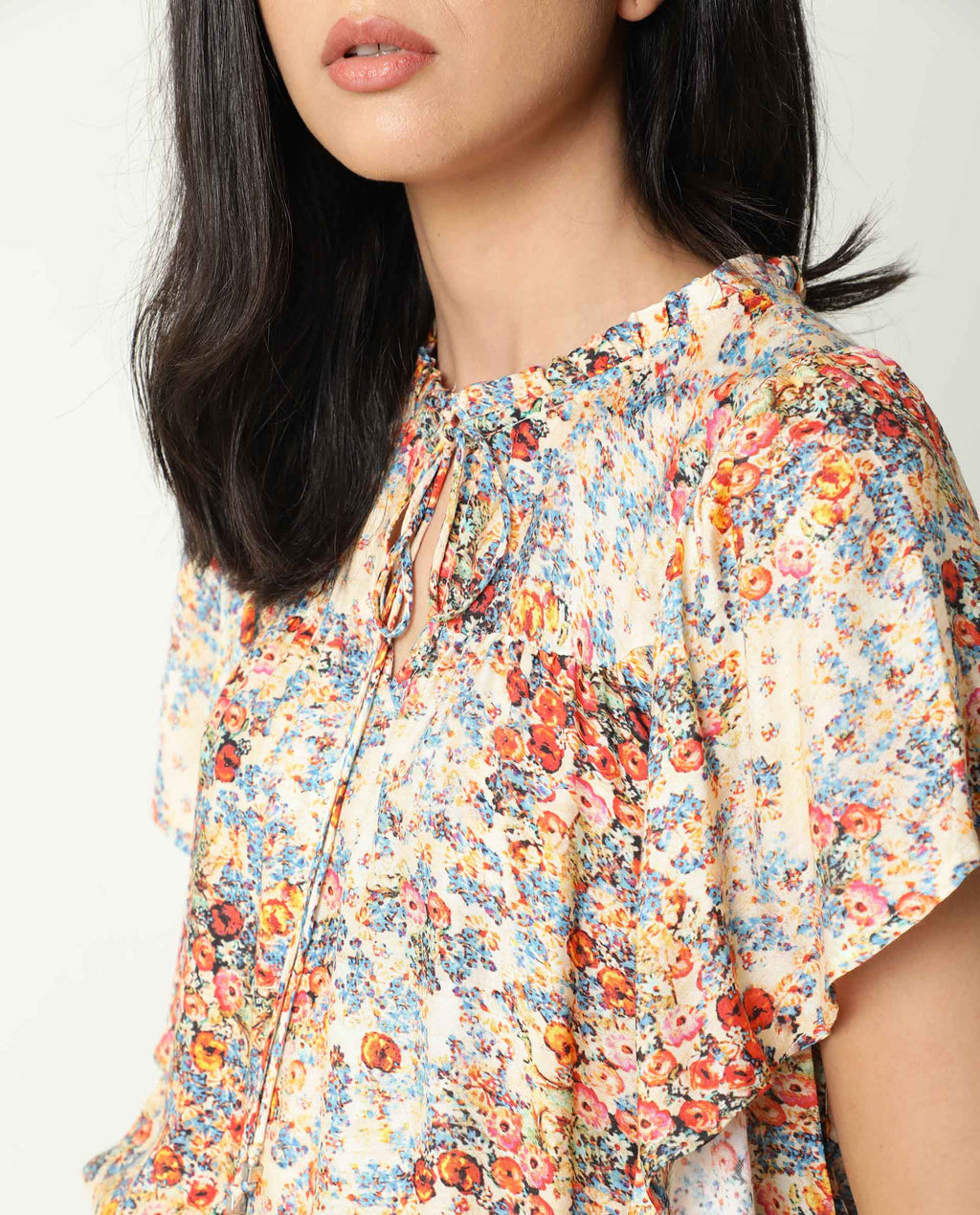 Rareism Women's Nigel Offwhite Cotton Blend Tie-Up Neck Floral Print Ruffled Sleeve Relaxed Fit Top