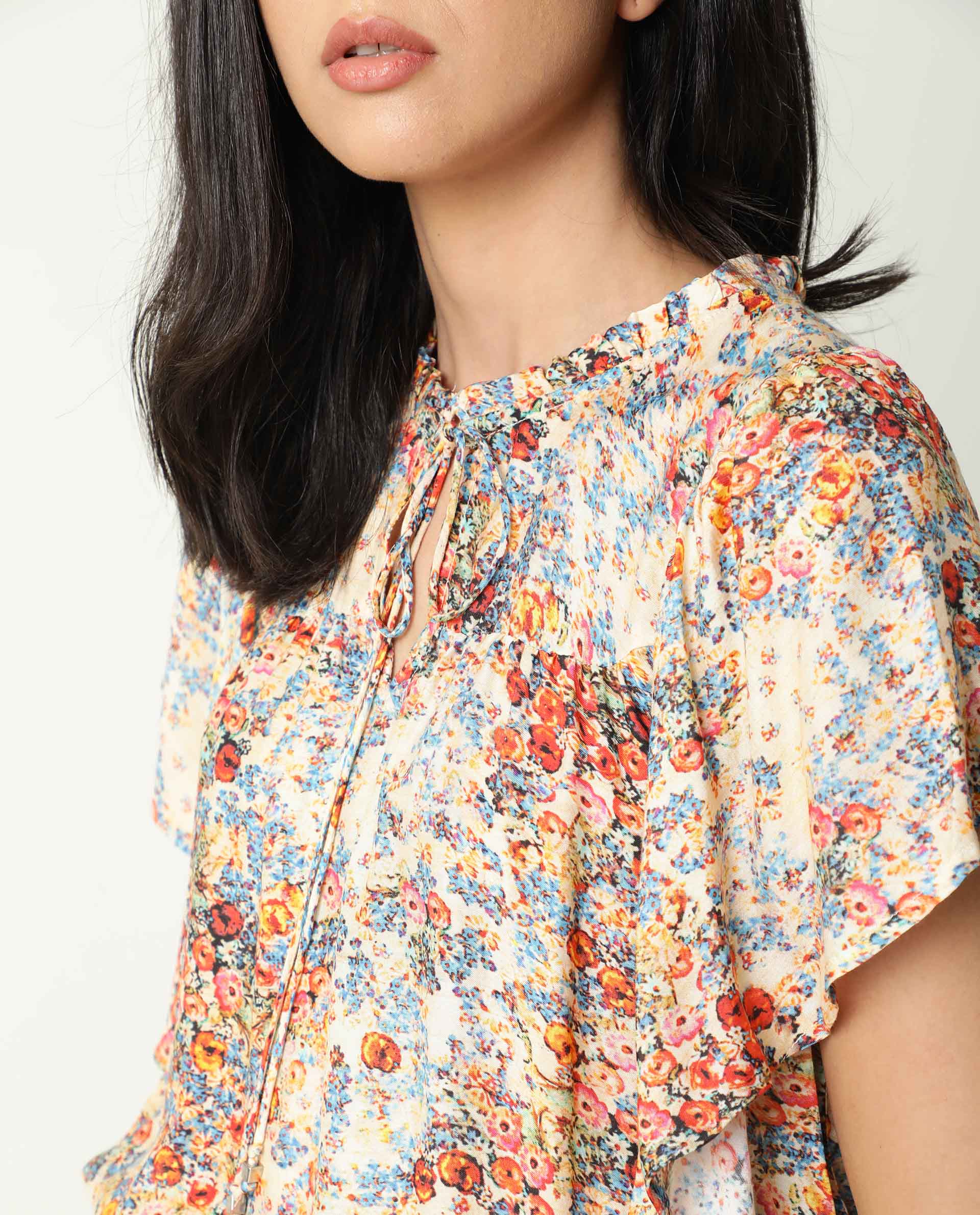 Rareism Women's Nigel Offwhite Cotton Blend Tie-Up Neck Floral Print Ruffled Sleeve Relaxed Fit Top