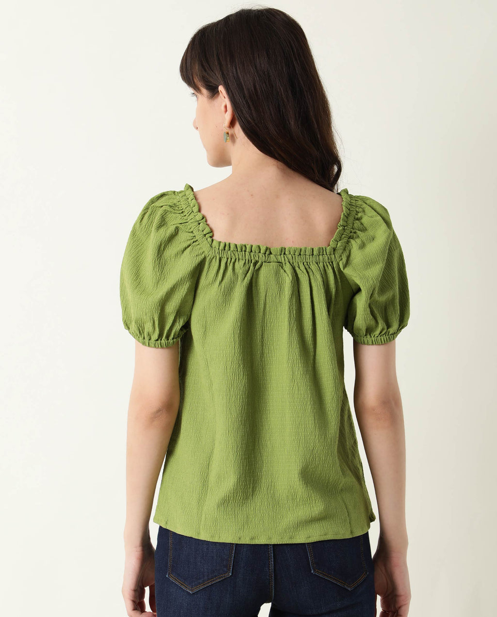 Rareism Women's Swag Green Cotton Blend Square Neck Plain Tailored Top