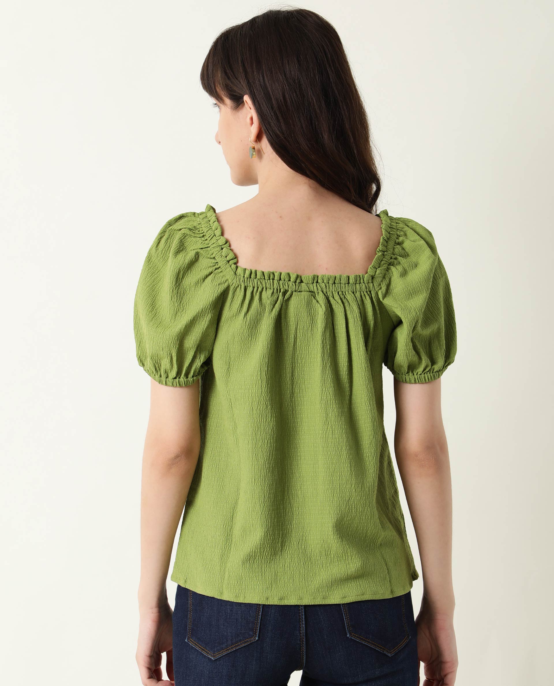 Rareism Women's Swag Green Cotton Blend Square Neck Plain Tailored Top
