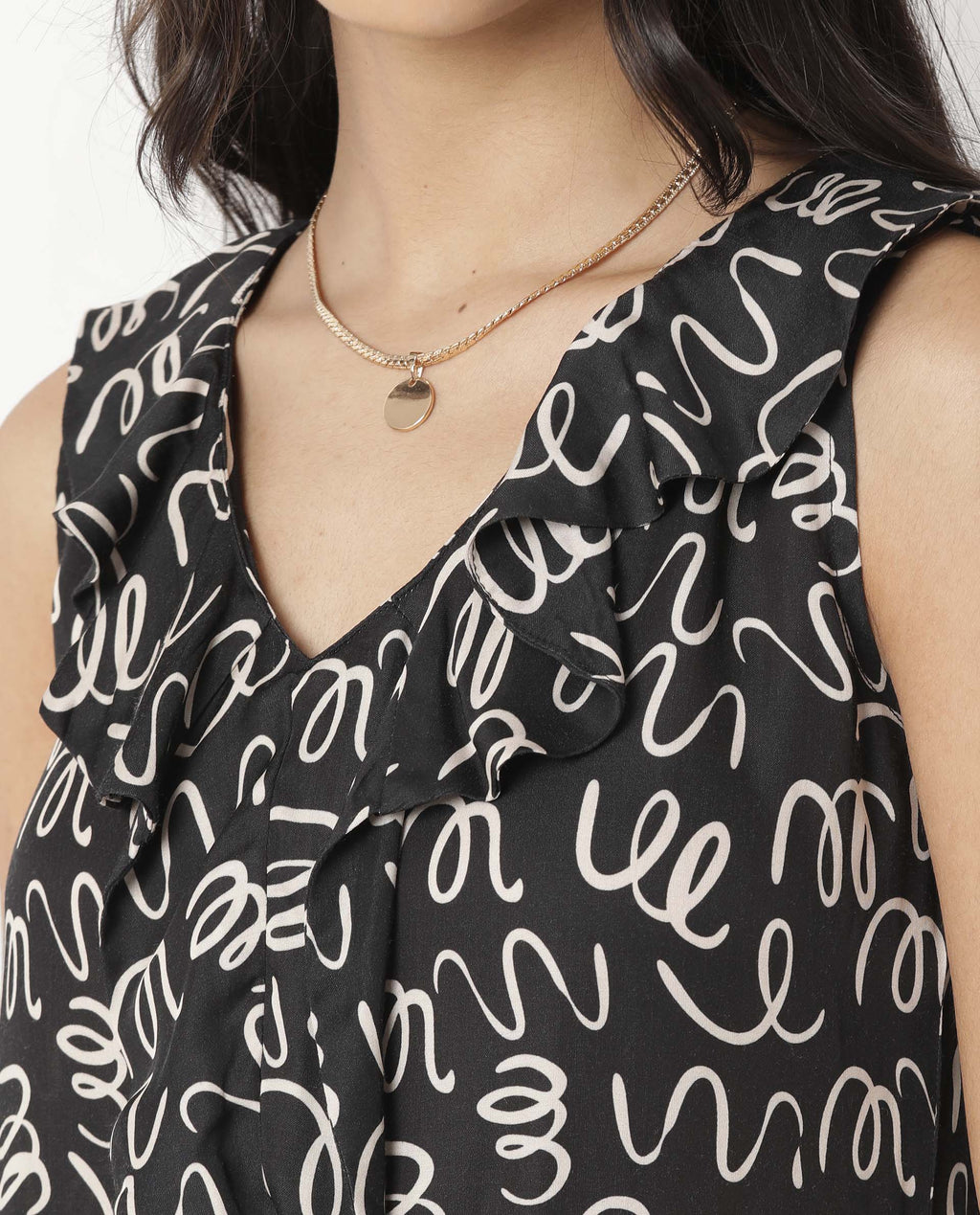 Rareism Women's Curls Black Modal Blend V-Neck Abstract Print Sleeveless Tailored Top