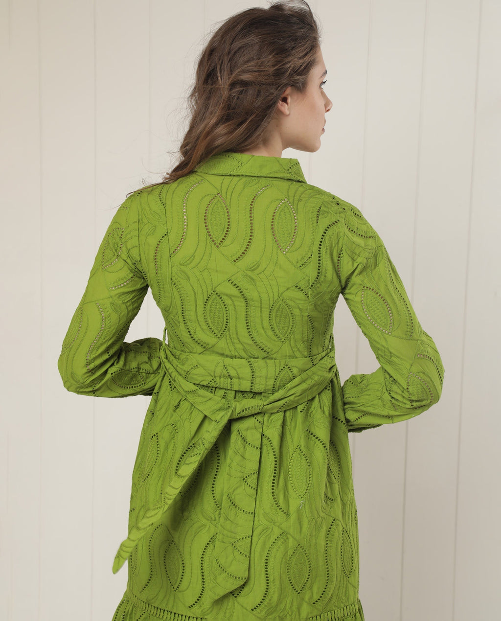 Rareism Women's Darcy Green Cotton Spread Collar Schiffli Knee Length Slim Fit Dress