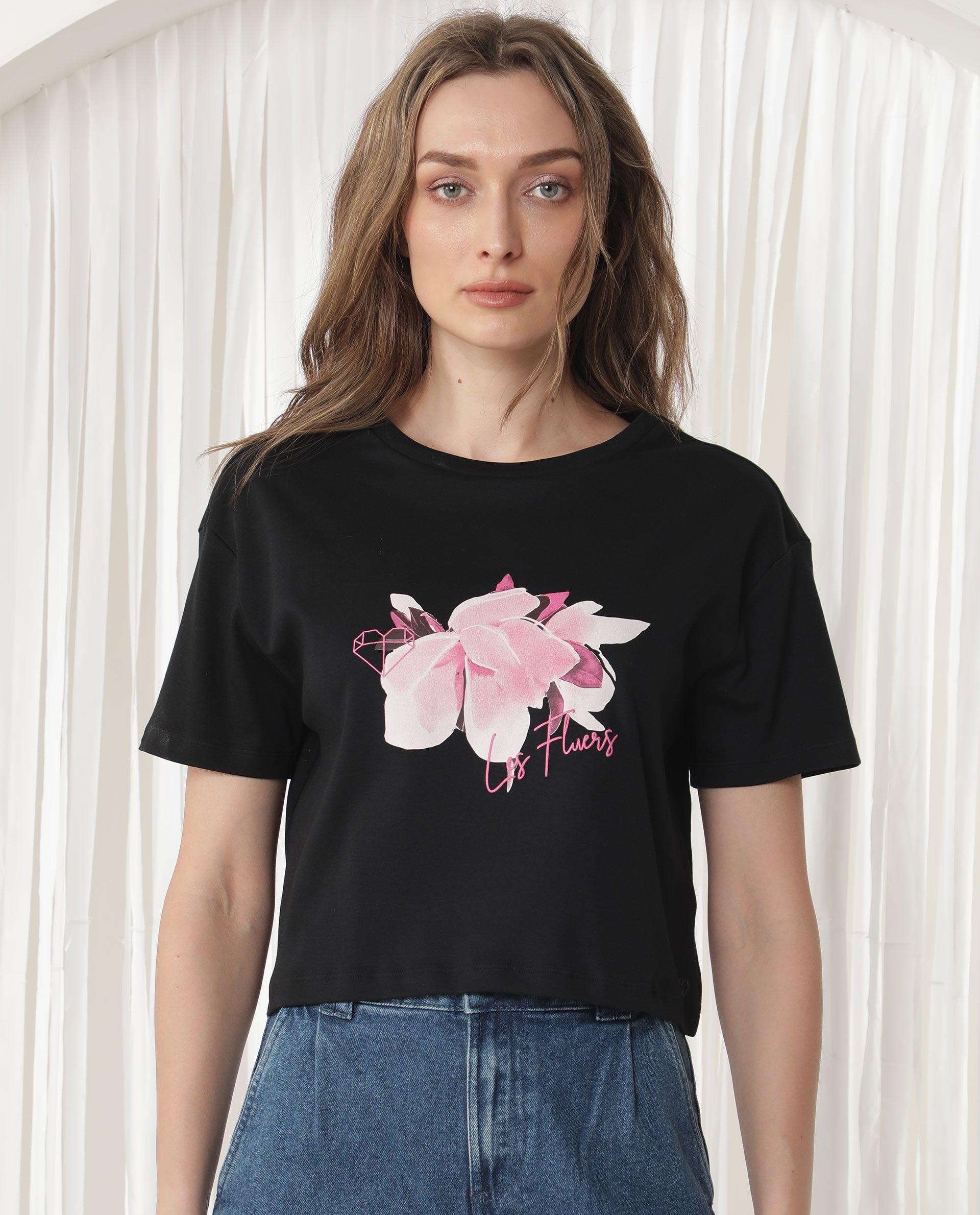 Rareism Women's Ictor Black Cotton Crew Neck Graphic Print Regular Fit T-Shirt