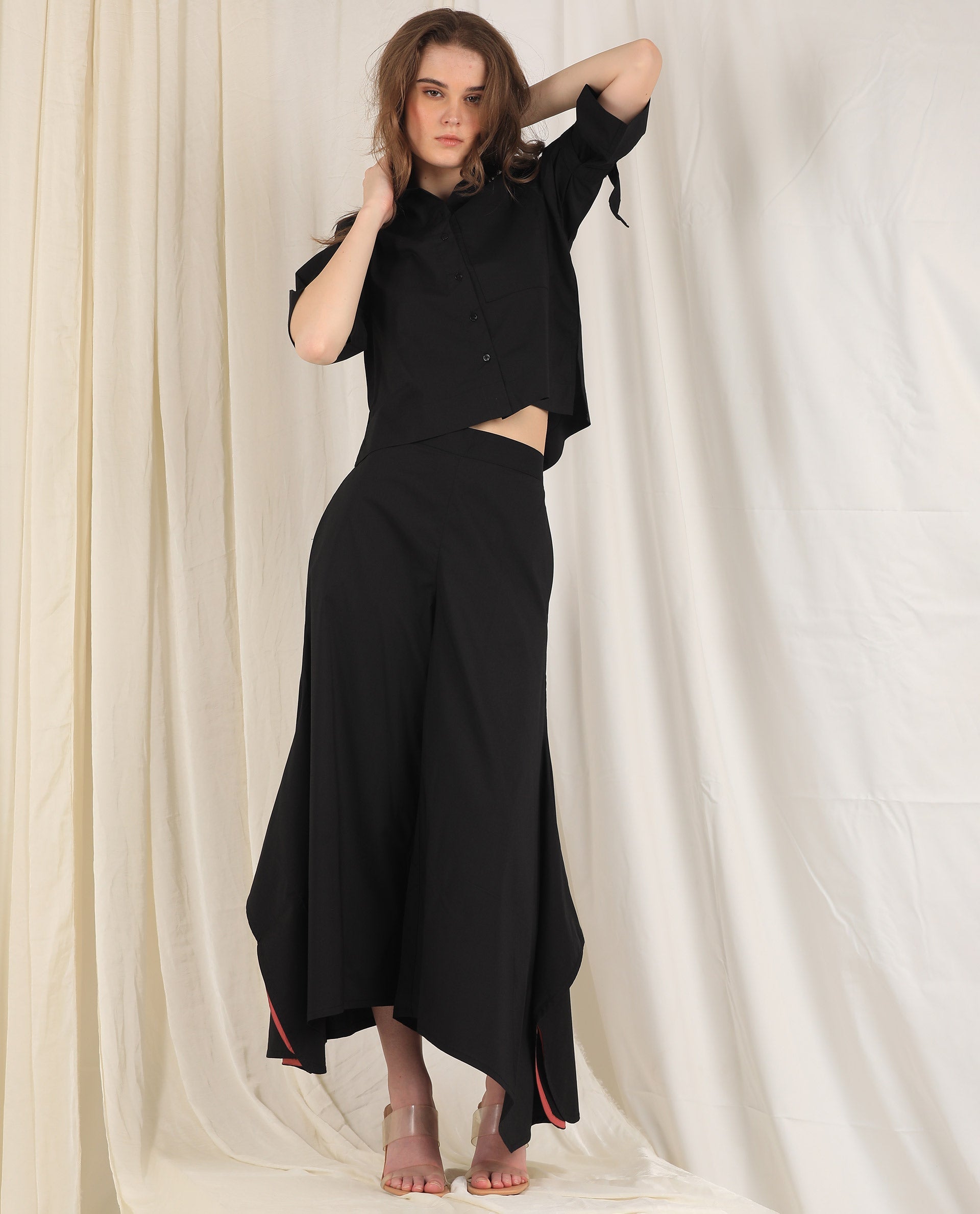 Rareism Women's Sendai Black Mandarin Collar Plain Knee Length Regular Fit Top