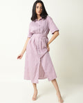 Rareism Women's Paris Pink Spread Collar Striped Knee Length Regular Fit Dress