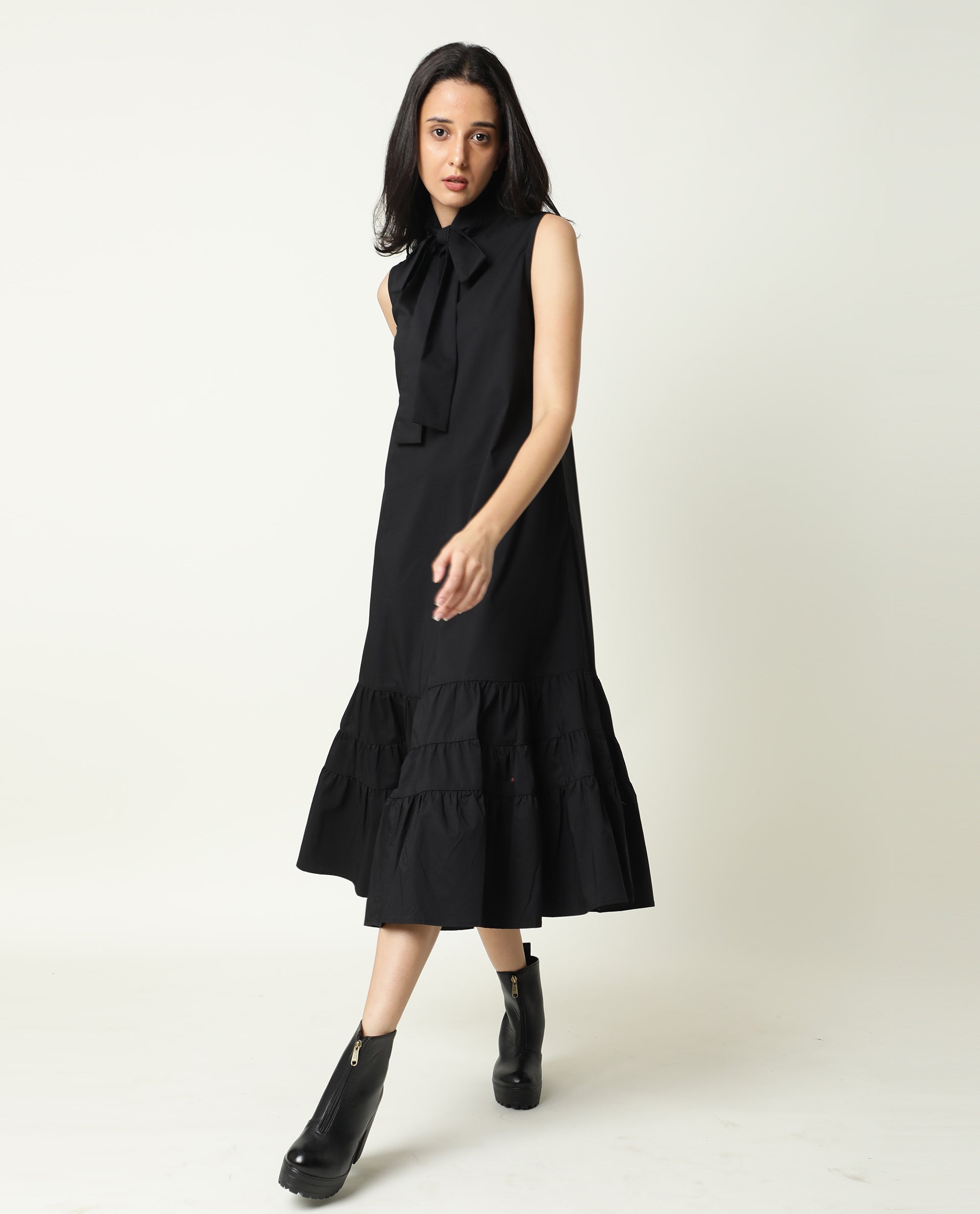 Rareism Women's Gino Black Polyester Blend Tie-Up Neck Plain Sleeveless Knee Length Regular Fit Dress