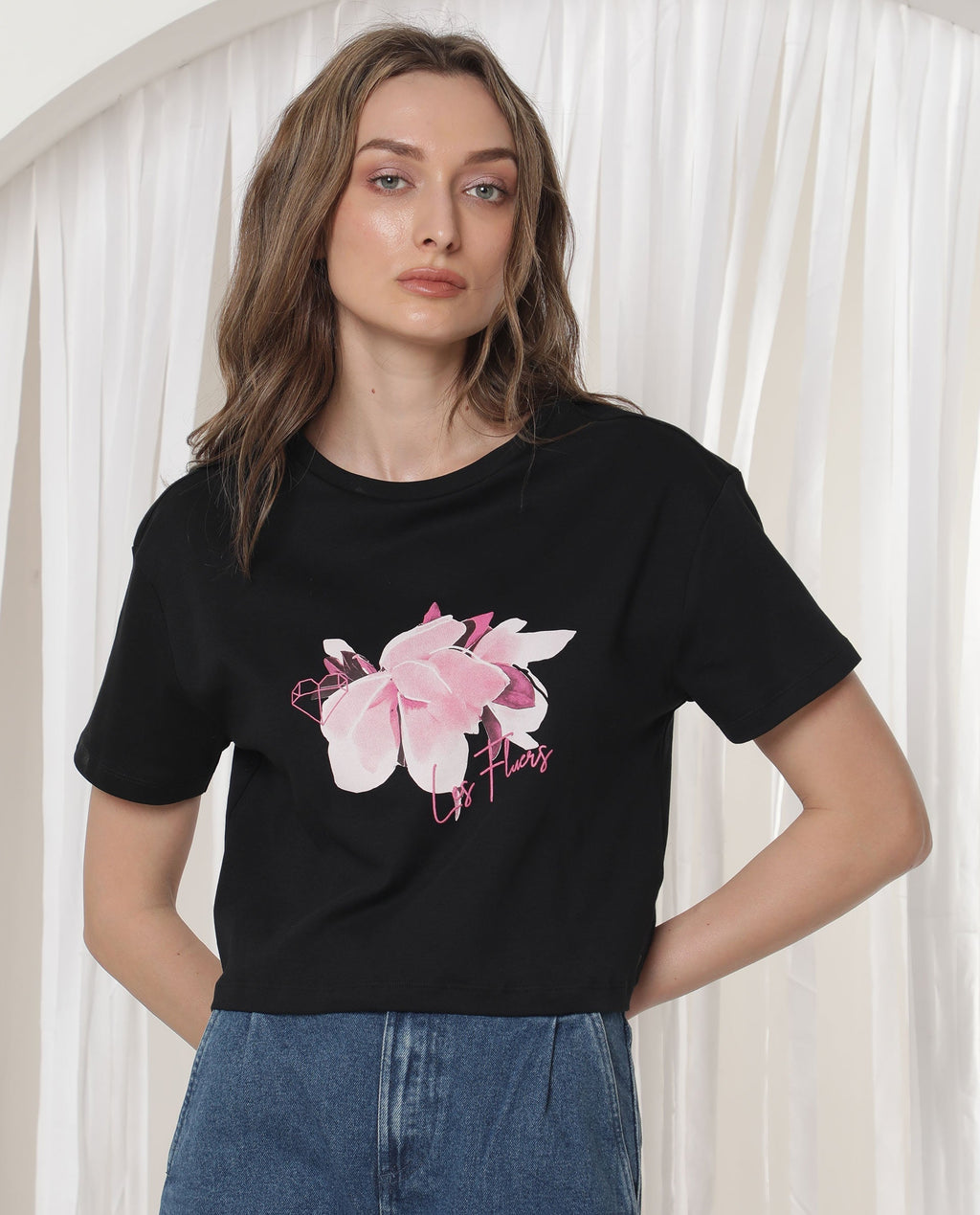Rareism Women's Ictor Black Cotton Crew Neck Graphic Print Regular Fit T-Shirt