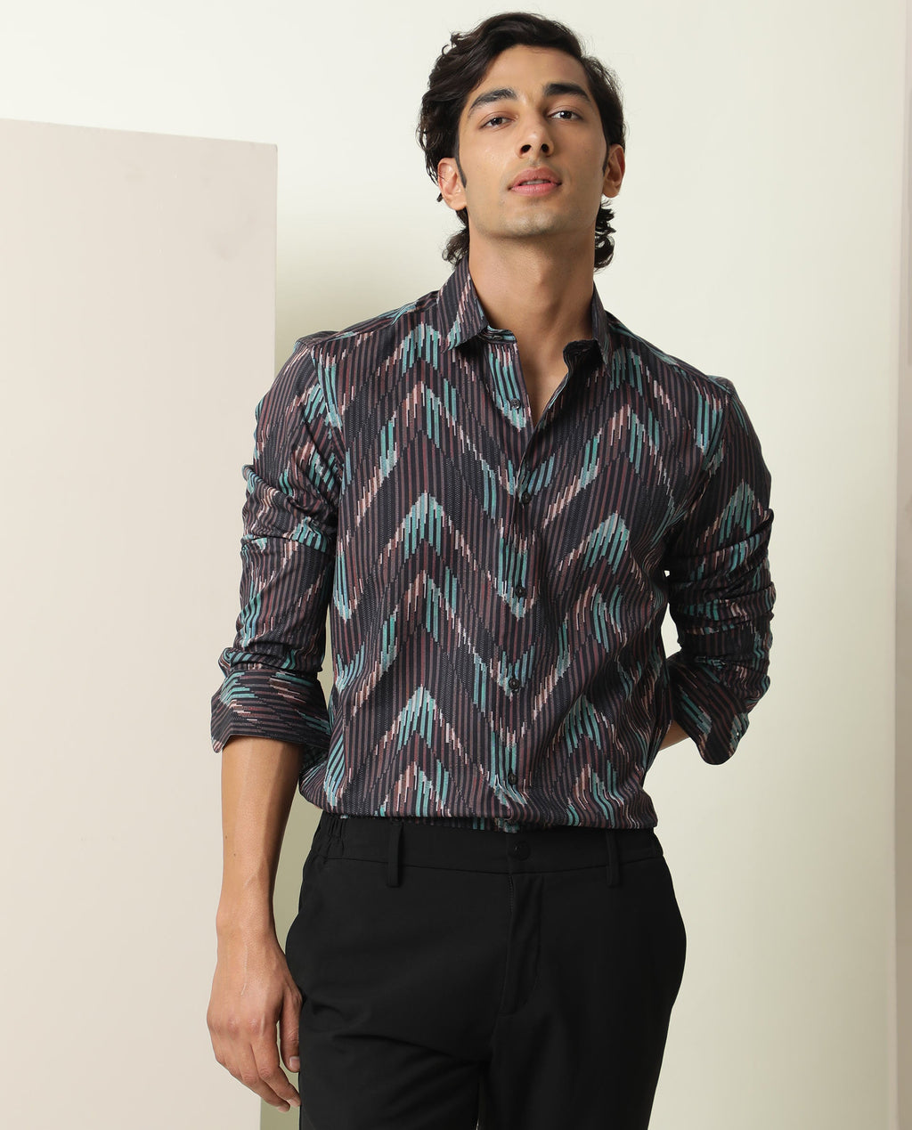 Rare Rabbit Men's Stria Brown Viscose Abstract Print Regular Fit Full Sleeve Collared Shirt