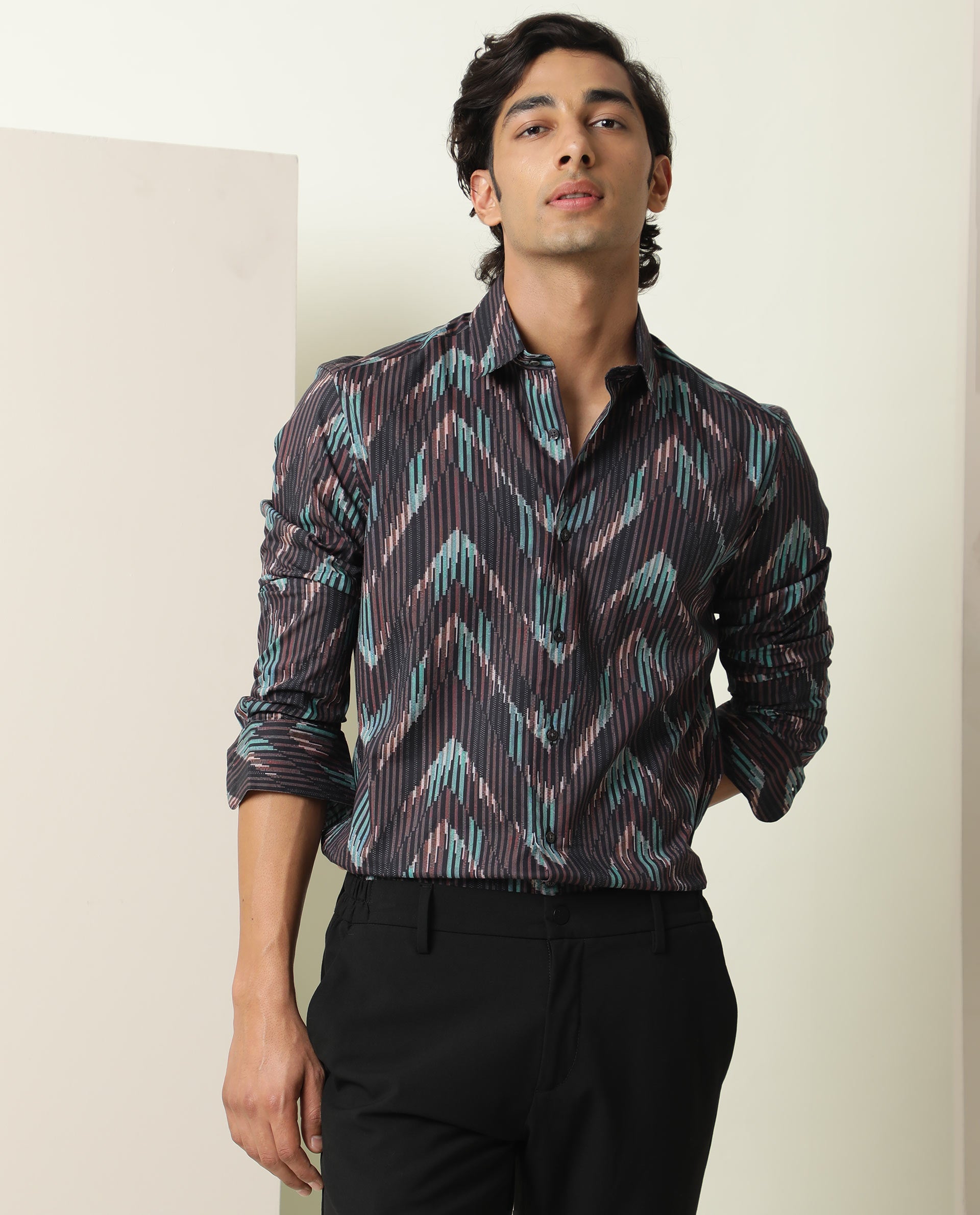 Rare Rabbit Men's Stria Brown Viscose Abstract Print Regular Fit Full Sleeve Collared Shirt