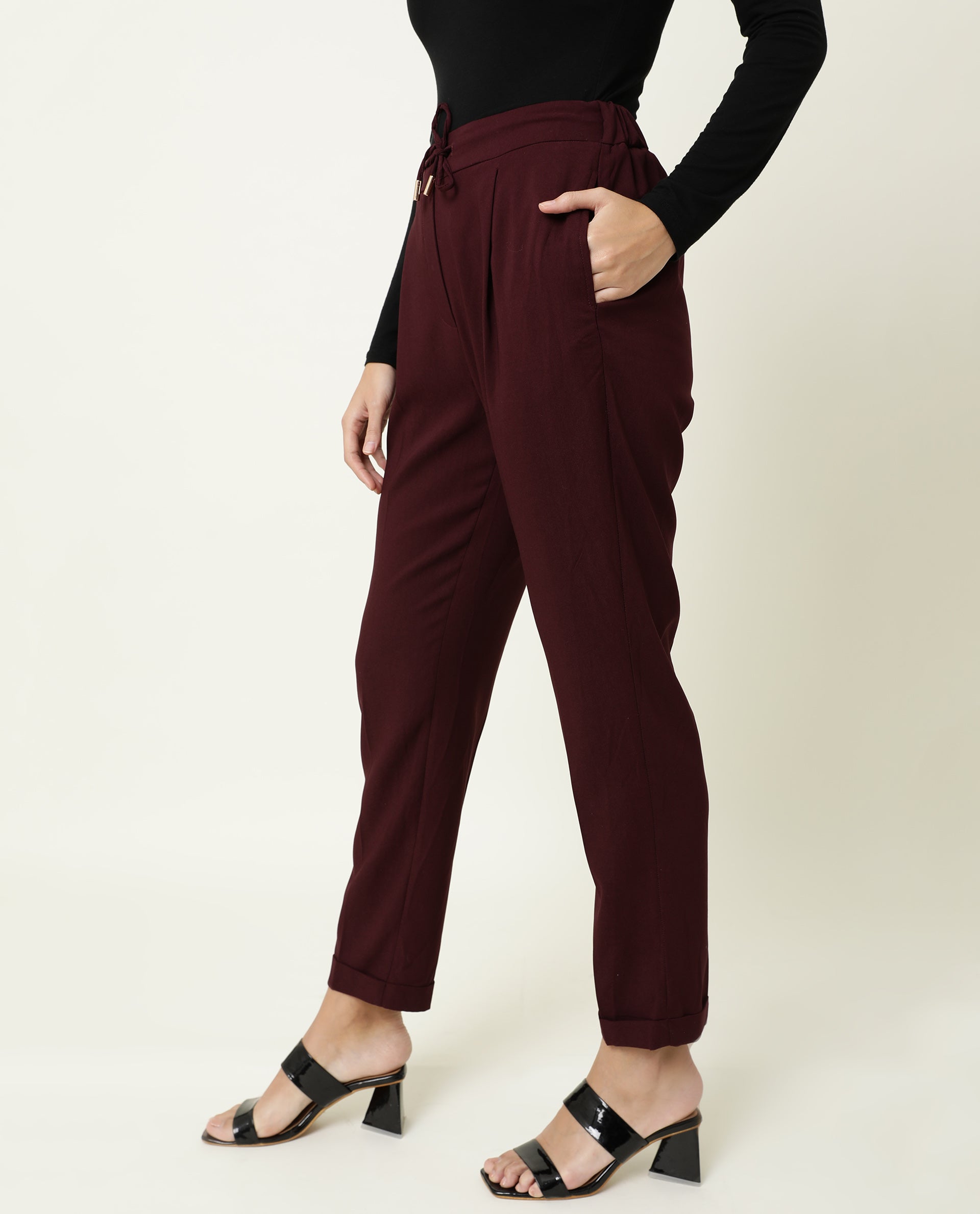 Rareism Women's Jeremiah Maroon Polyester Blend Plain Ankle Length Tailored Trouser