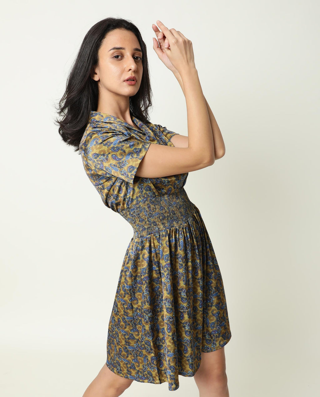 Rareism Women's Joss-Olive Modal V-Neck Abstract Print Mini Regular Fit Dress