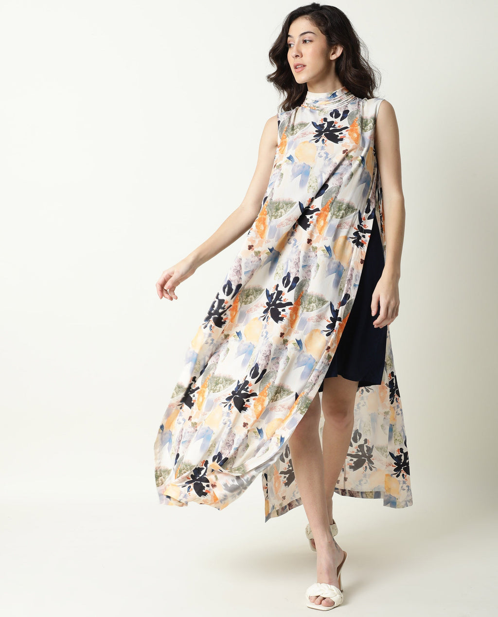 Rareism Women's Isa Multi High Neck Floral Print Sleeveless Knee Length Regular Fit Dress