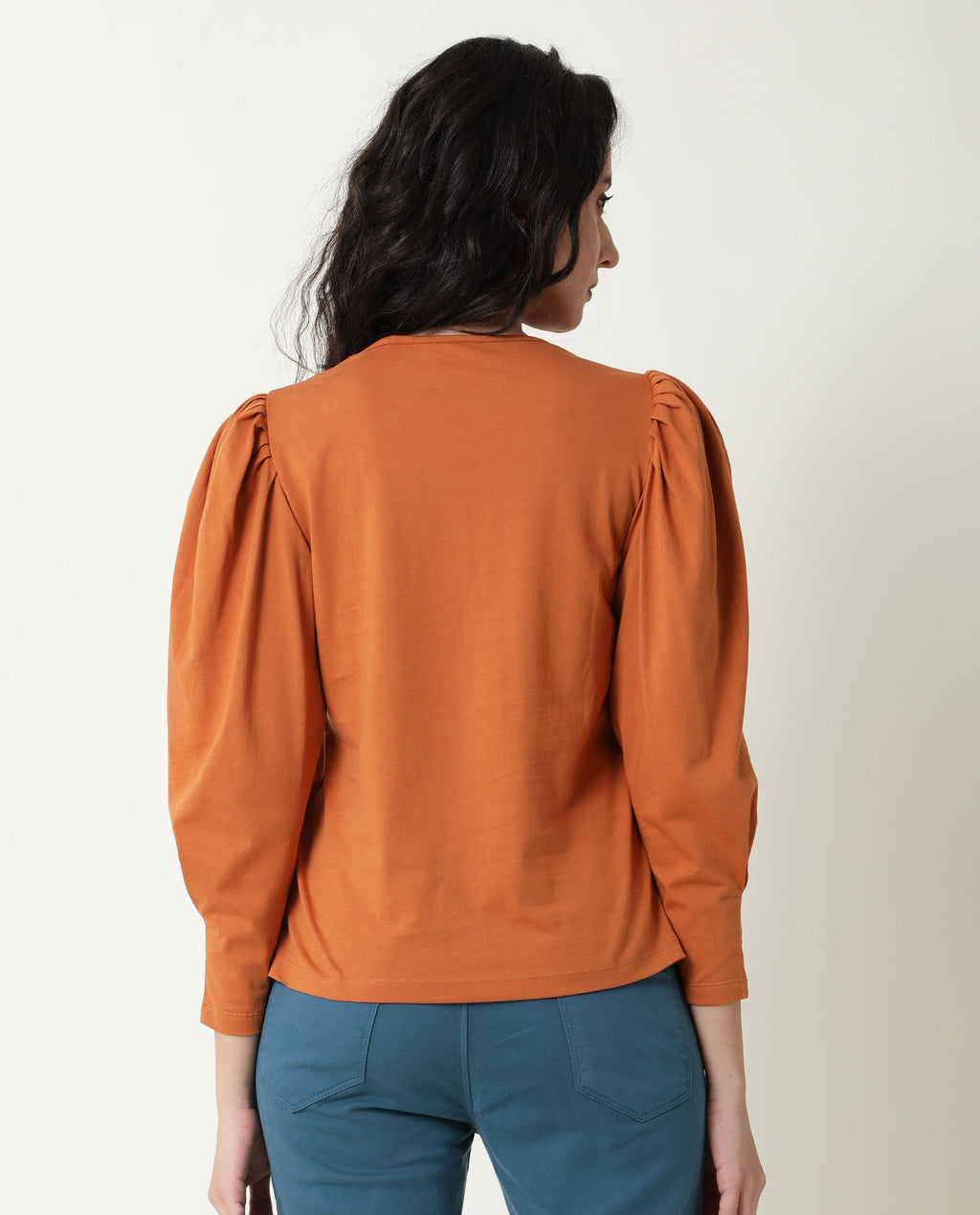 Rareism Women's Ballerina Orange Cotton Boat Neck Plain Midi Length Slim Fit Top