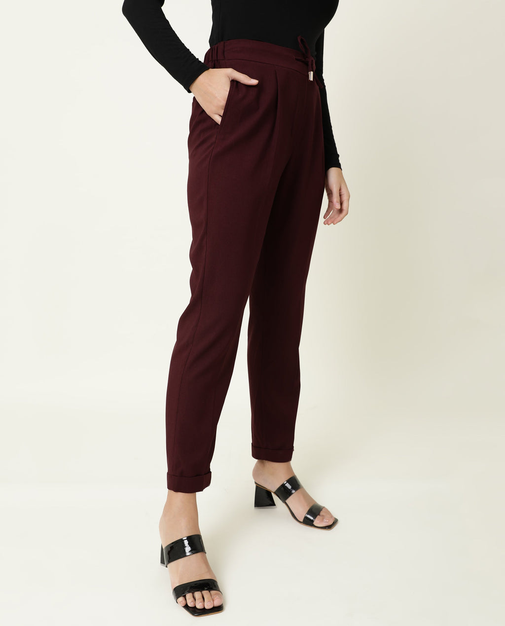 Rareism Women's Jeremiah Maroon Polyester Blend Plain Ankle Length Tailored Trouser