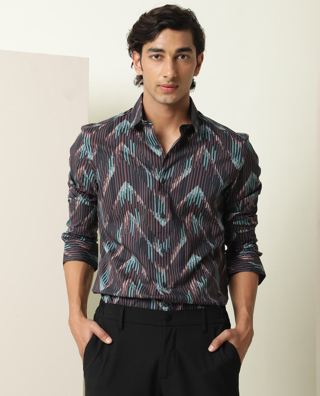 Rare Rabbit Men's Stria Brown Viscose Abstract Print Regular Fit Full Sleeve Collared Shirt